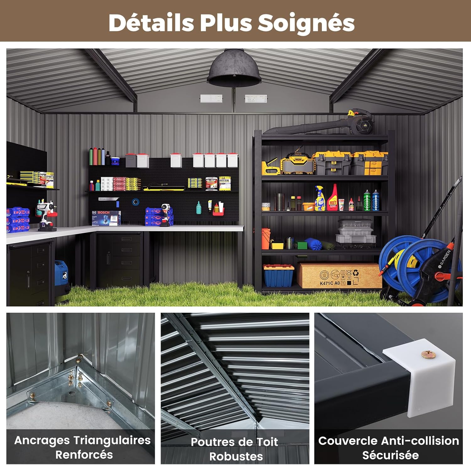 Costway - abri de jardin métal, 12m², toit double pente, double porte, 4 aérations