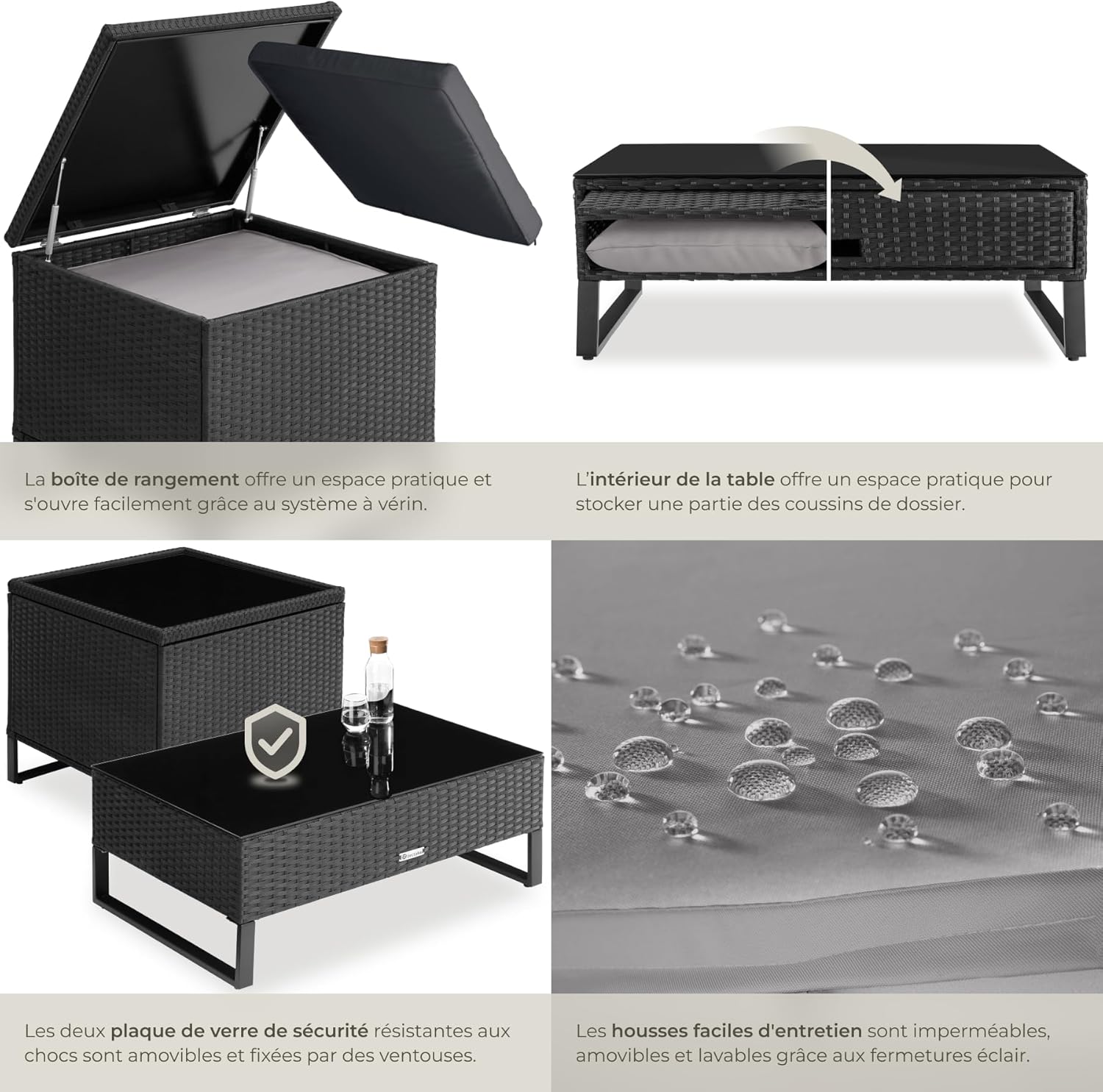 tectake - salon de jardin modulable 4 places - rotin, table verre, coffre