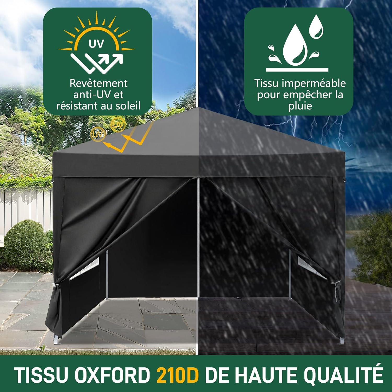 Leadzm - Tonnelle pliante 3x3m, hauteur réglable, UV50+, 4 côtés