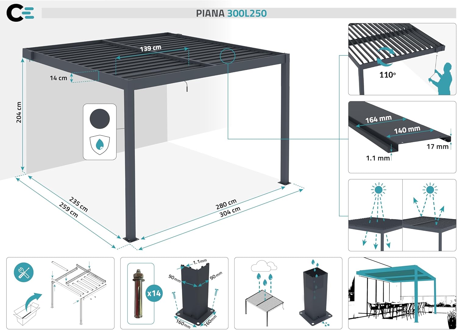 CAZEBOO - Piana - 3x2,5m - Aluminium gris, lames orientables, terrasse 7,8m², manivelle, résistance vent 70km/h