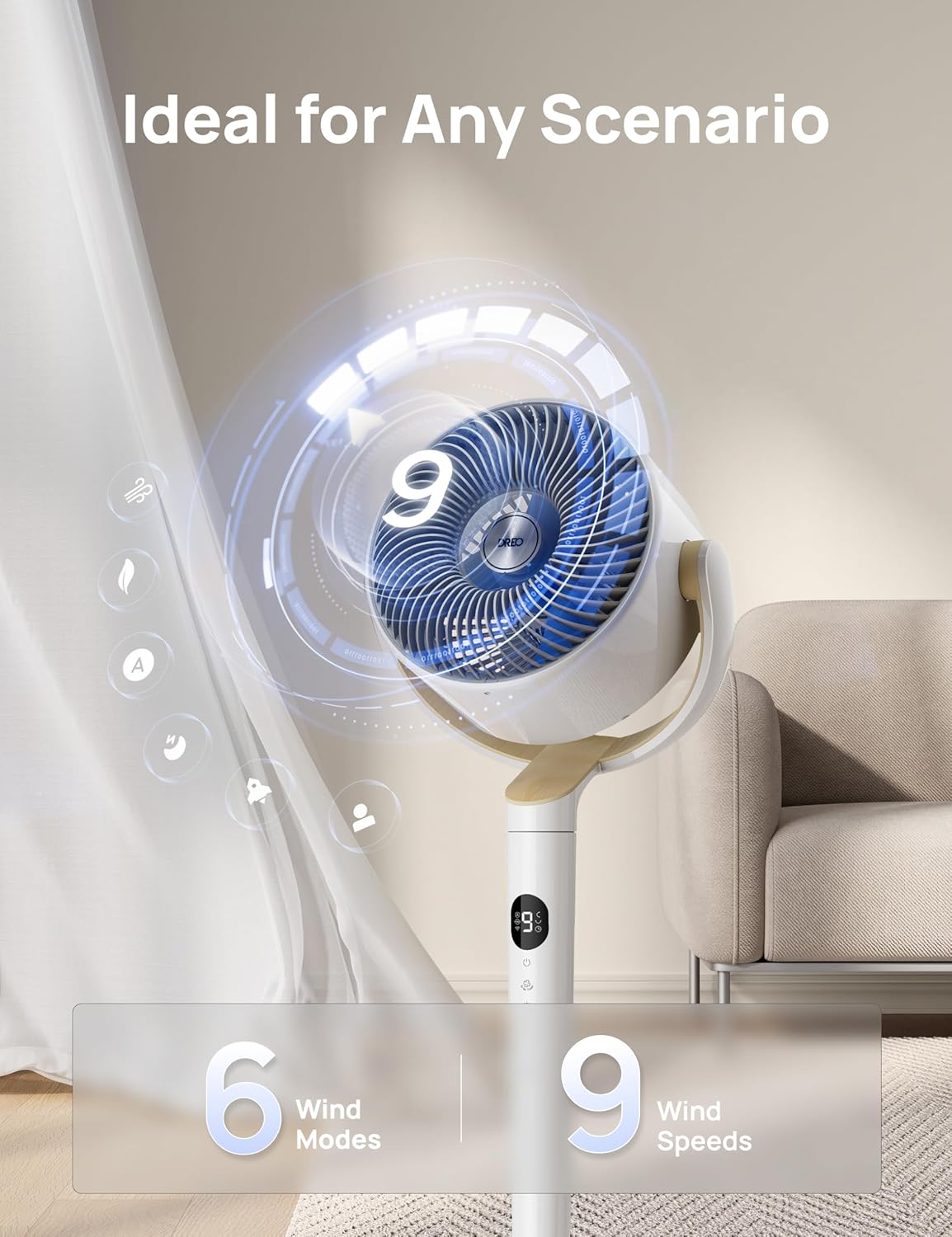 Dreo 23dB Intelligent ventilateur sur pied silencieux, 24M portée, volume d'air 1200m³/h, turbo circulateur, 102CM hauteur, 6 modes, 8 vitesses, oscillation omnidirectionnelle 120°+120°, PolyFan 502S