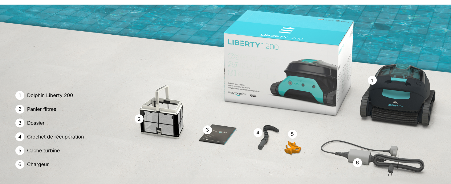 avec accessoires, notamment une télécommande, une alimentation électrique et un panier-filtre. Appareil bleu sarcelle et blanc présenté dans son emballage et vu démonté