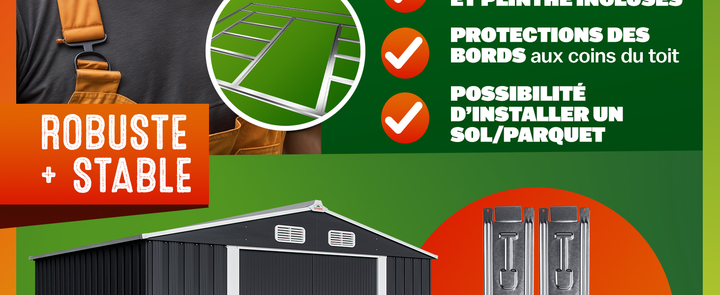 Vue partielle de l'emballage du produit mettant en évidence les caractéristiques en français, notamment « Robuste & Stable » et « Protection des bords » sur fond vert