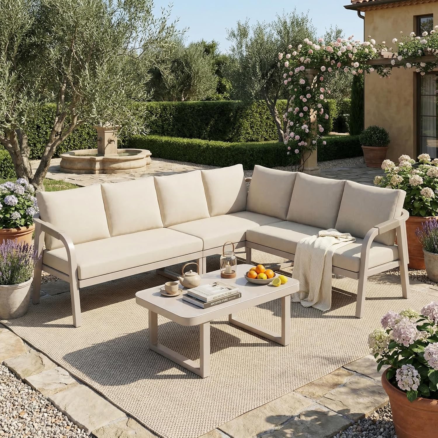 Sapgaks - Salon de jardin série G-Beige, acier galvanisé, 5-6 pers, tressé G-Beige