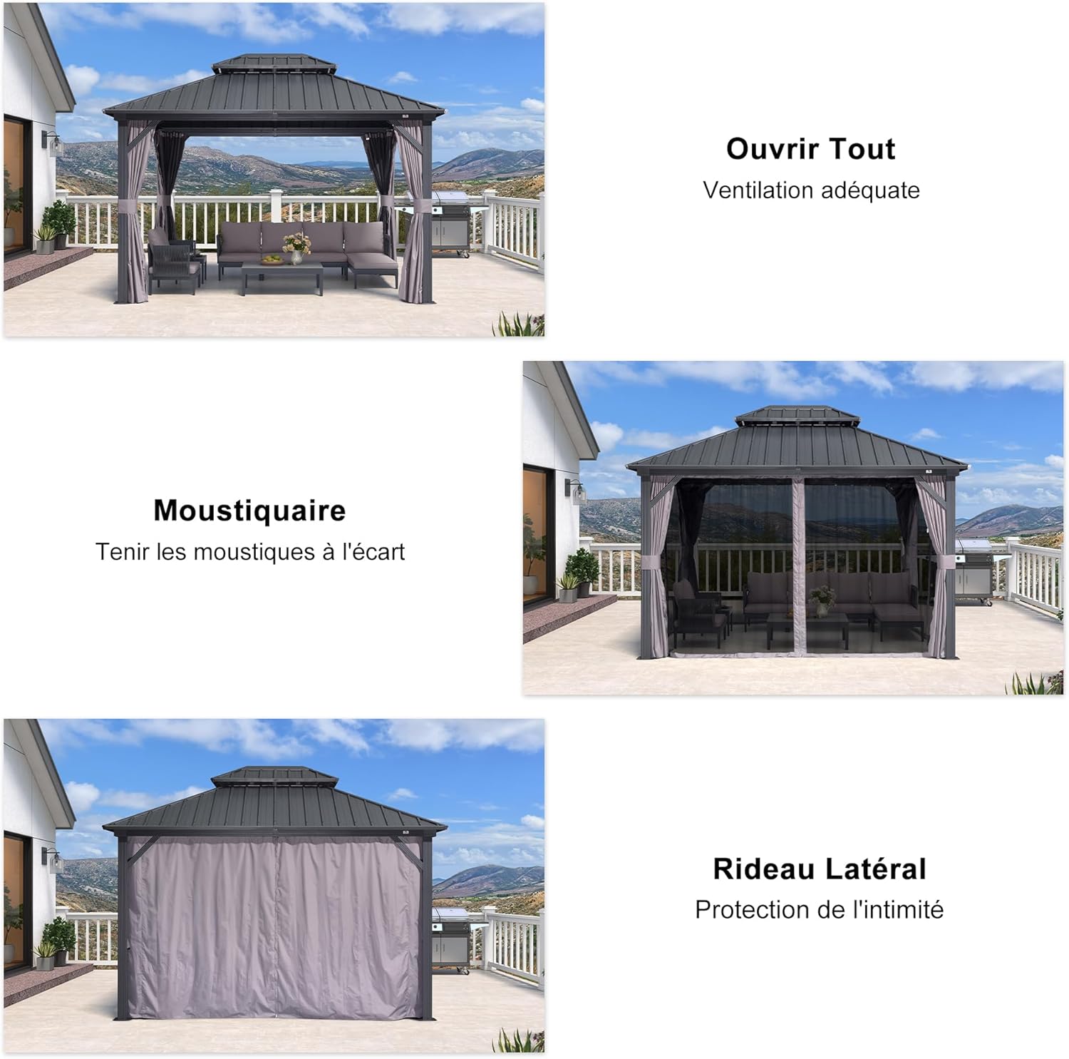 PURPLE LEAF - Pergola aluminium double toit 3,65x3m rideaux moustiquaire