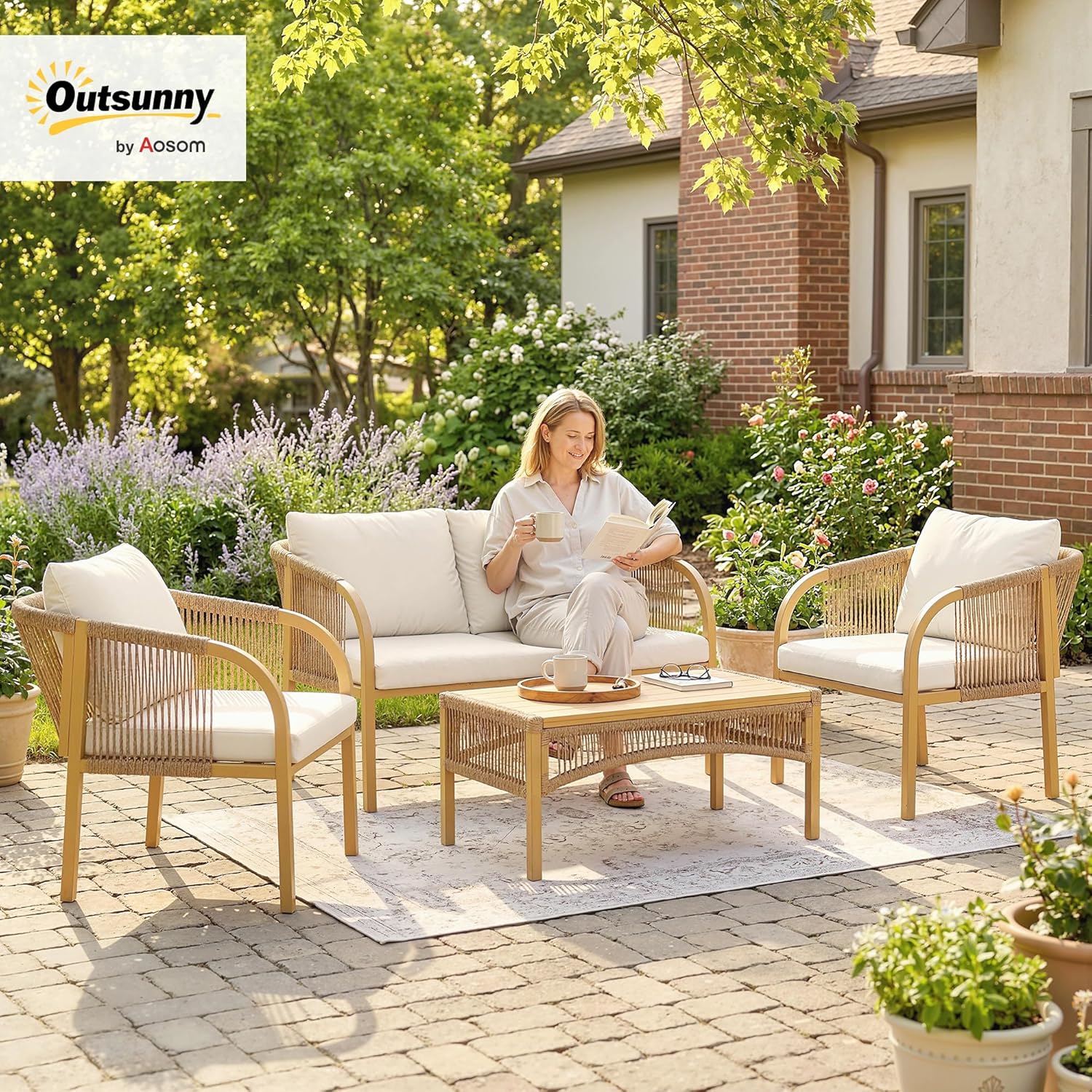 Outsunny - Salon de jardin 4 pcs - canapé 2 places, coussins, table basse, plateau acier imitation bois - kaki