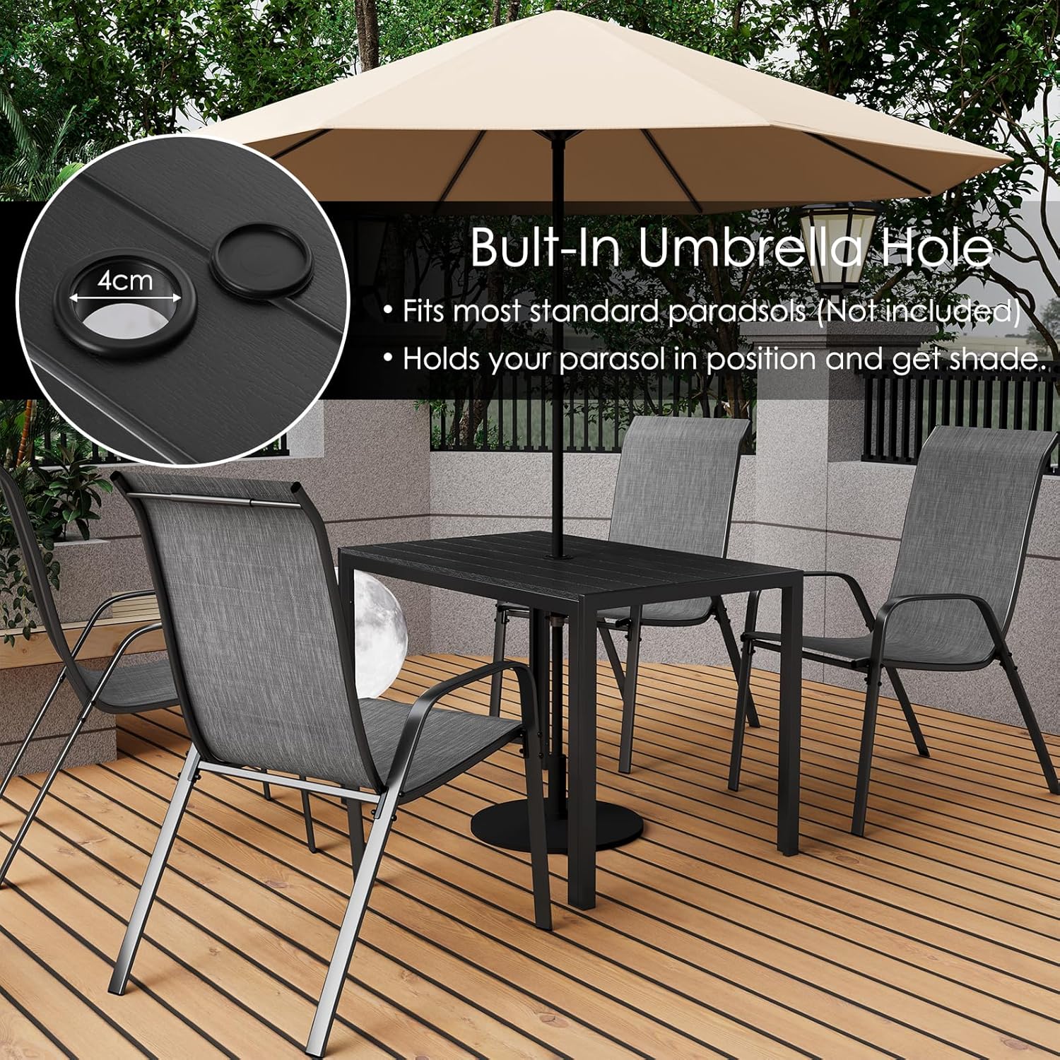 LIFERUN - Table de Jardin 110x70 cm avec Trou de Parasol, Résistante aux Intempéries, Élégante en Bois Effet Noir TW-110