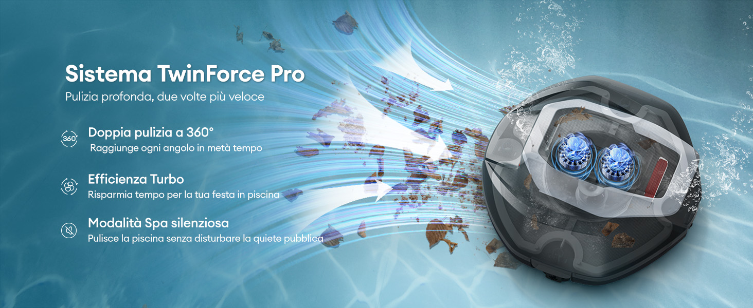 Le texte indique « Sistema TwinForce Pro ». Image du produit sur le thème sous-marin montrant un appareil résistant à l'eau avec des effets de lumière bleue dynamiques.