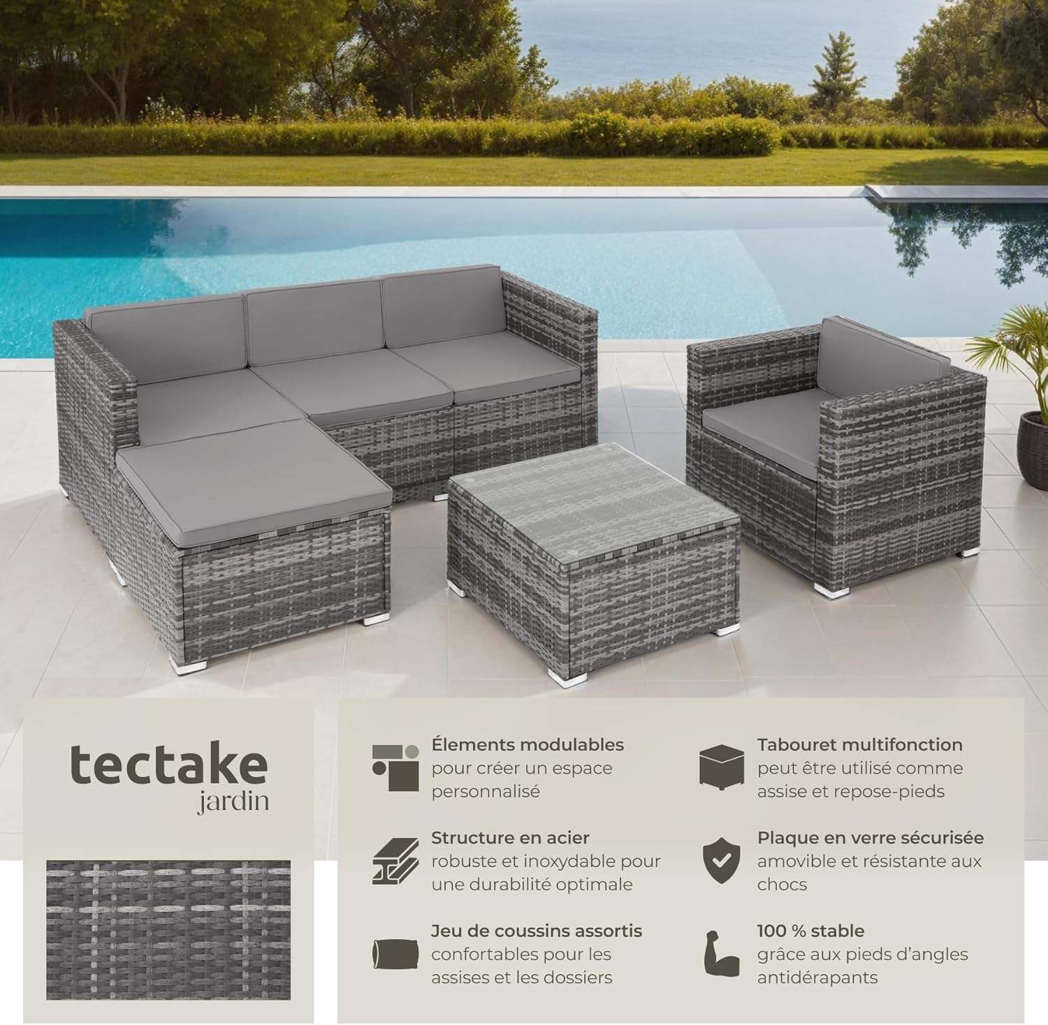 tectake - Ensemble Poly Rotin 5 places modulable dimensions, salon extérieur