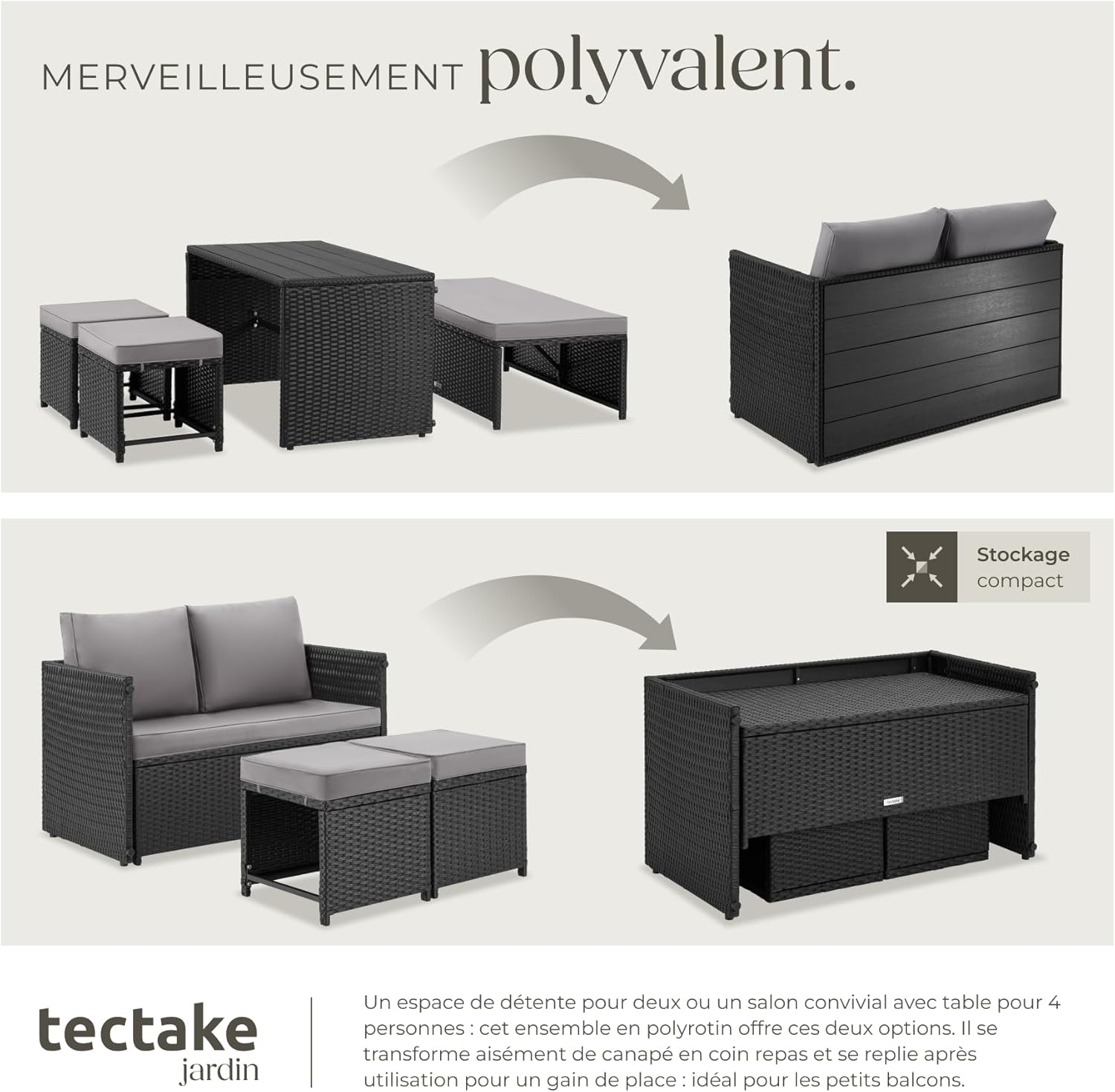 tectake - salon de jardin 2en1 modulable 4 places - table, banc, extérieur