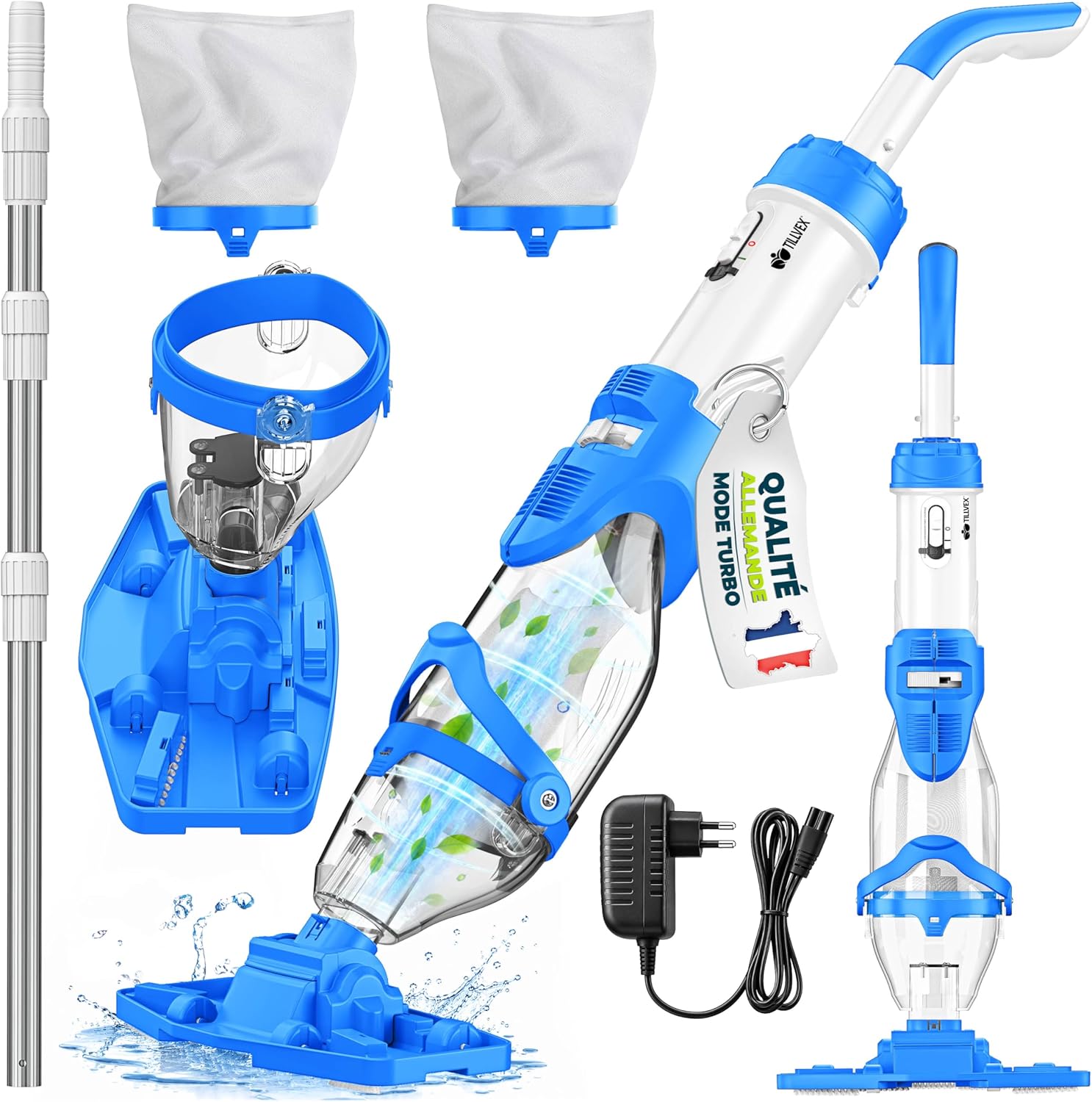 tillvex - Aspirateur piscine électrique - manche télescopique - filtre intégré - autonomie 60 min