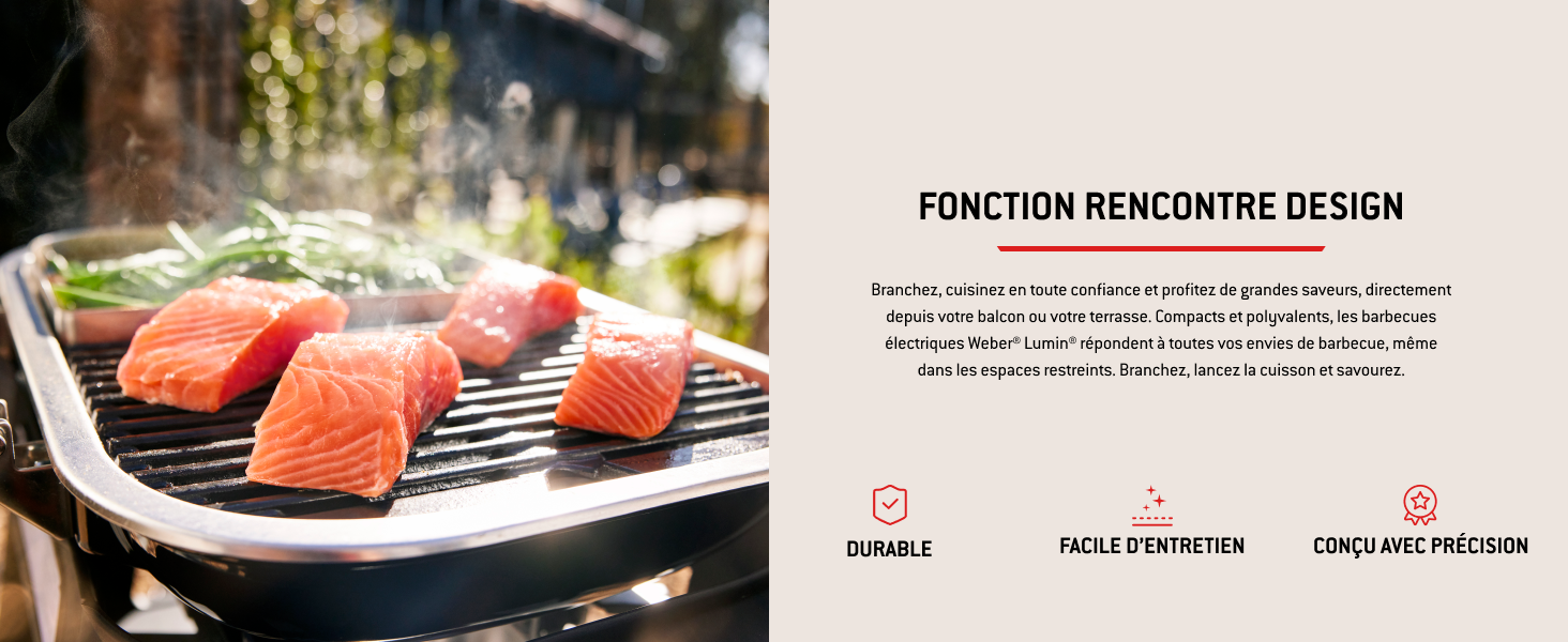 Le texte indique « FONCTION RENCONTRE DESIGN ». Plusieurs panneaux montrant l'équipement de cuisson et la viande cuite sur une surface de gril.