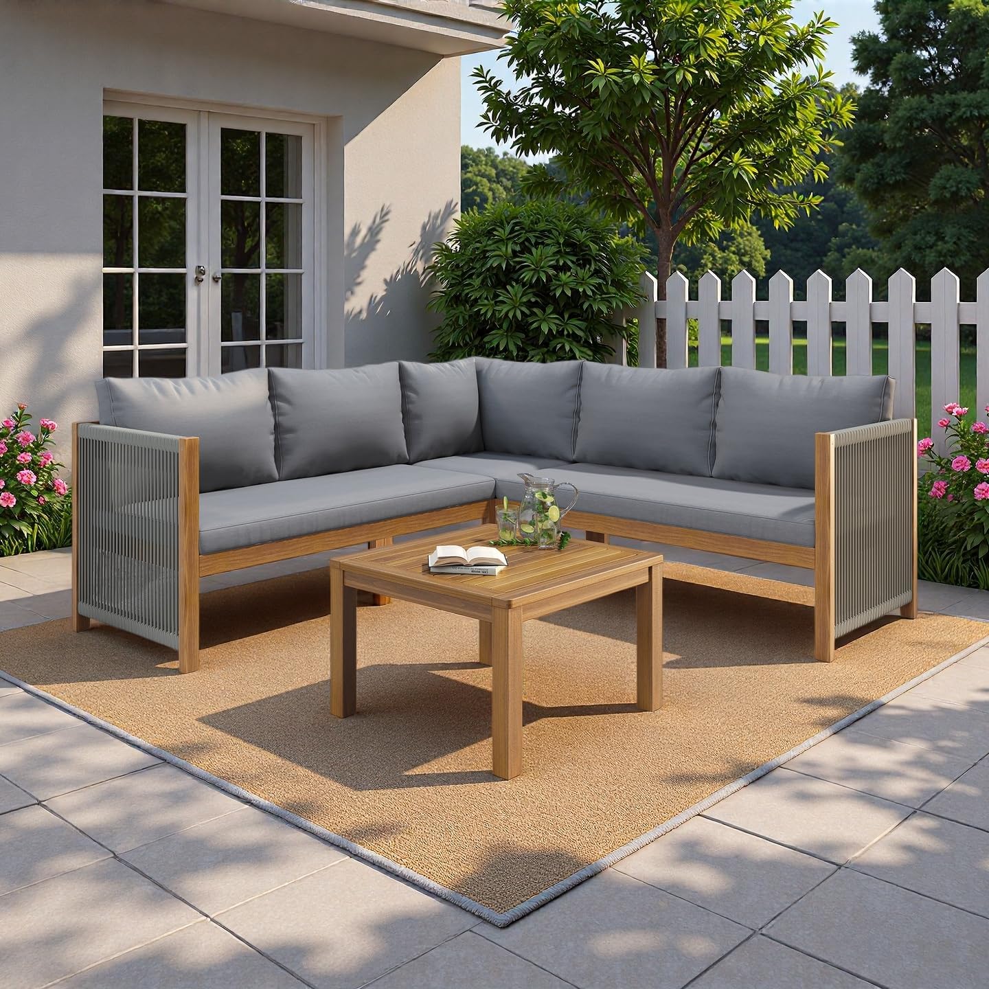 Sapgaks - Ensemble salon jardin d'angle 5p - Acacia et corde tressée - Table basse
