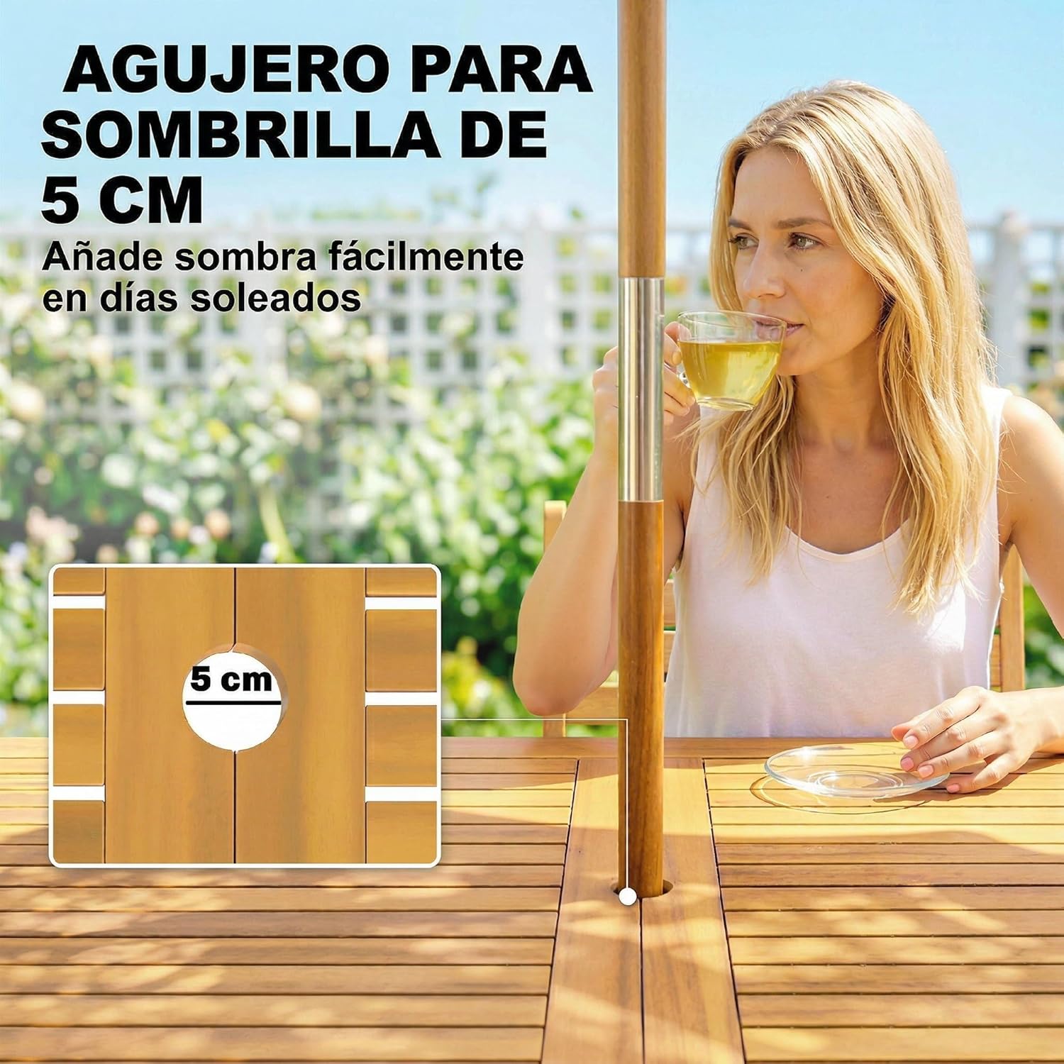Outsunny - Table de jardin rectangulaire 150x75x75 cm - bois acacia, 6 places, trou parasol, 80 kg