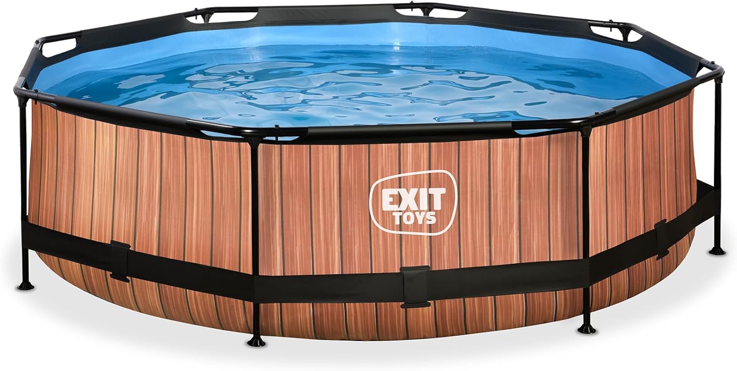 EXIT TOYS Piscine Tubulaire Wood - ø300x76cm - Piscine Hors Sol Ronde avec Pompe Filtrante à Cartouche - Entrée Basse - Idéal pour Les Jeunes Enfants - Cadre Stable - Design Unique - Marron