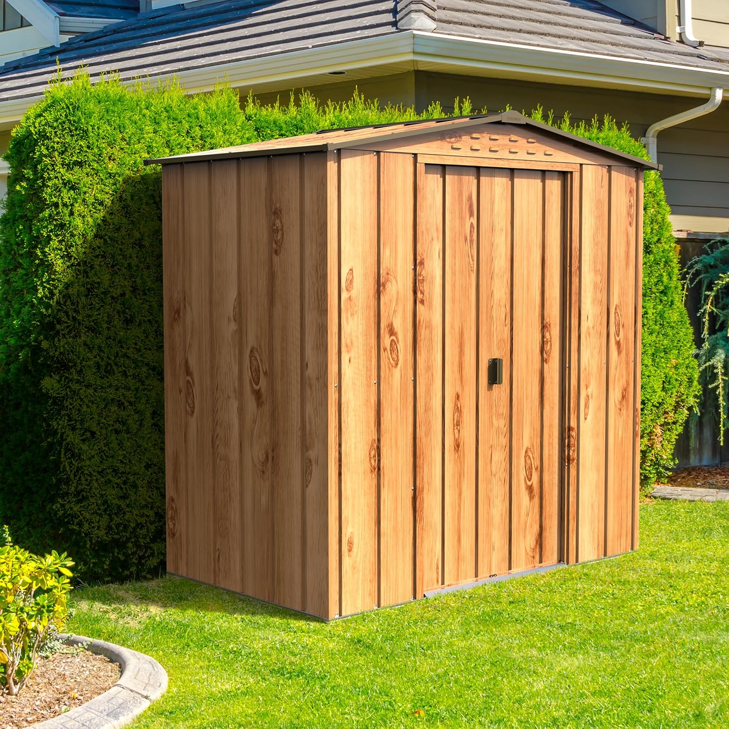 Duramax TOP Shed 6 x 4 (2.17 m²) Abri de jardin en métal, fabriqué en acier galvanisé, structure de toit renforcée, abri de jardin en métal sans entretien et résistant aux intempéries, Grain de bois