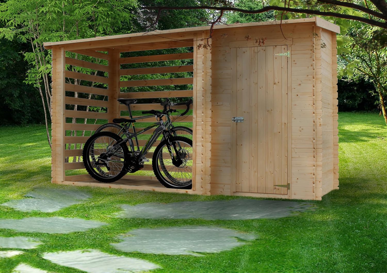 TIMBELA M205 Abri de Jardin+ Chalet pour vélos/Bucher/Abri conteneur - Cabane de Jardin avec Toit Plat - 344 x 130 cm - 2,54 m2+1,1 m2