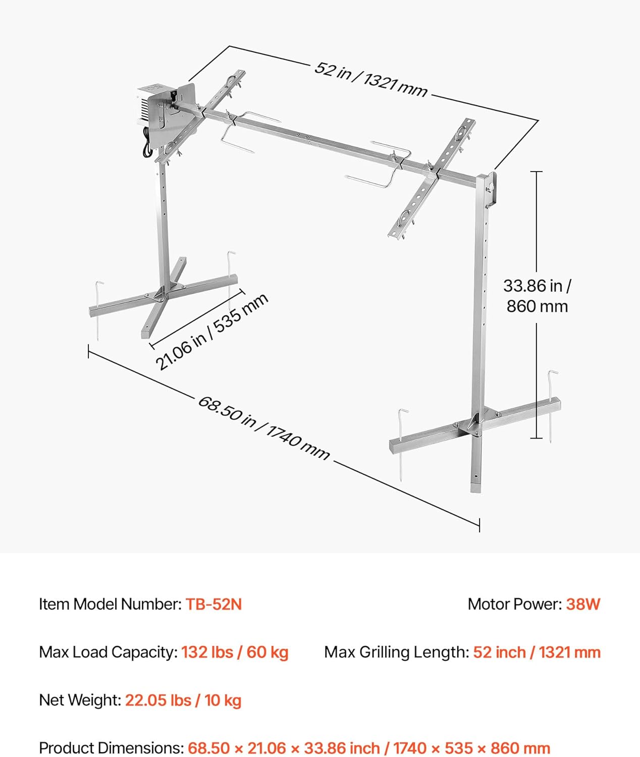 VEVOR - Rôtissoire électrique 1321 mm - 60 kg, 8 hauteurs, moteur 38W