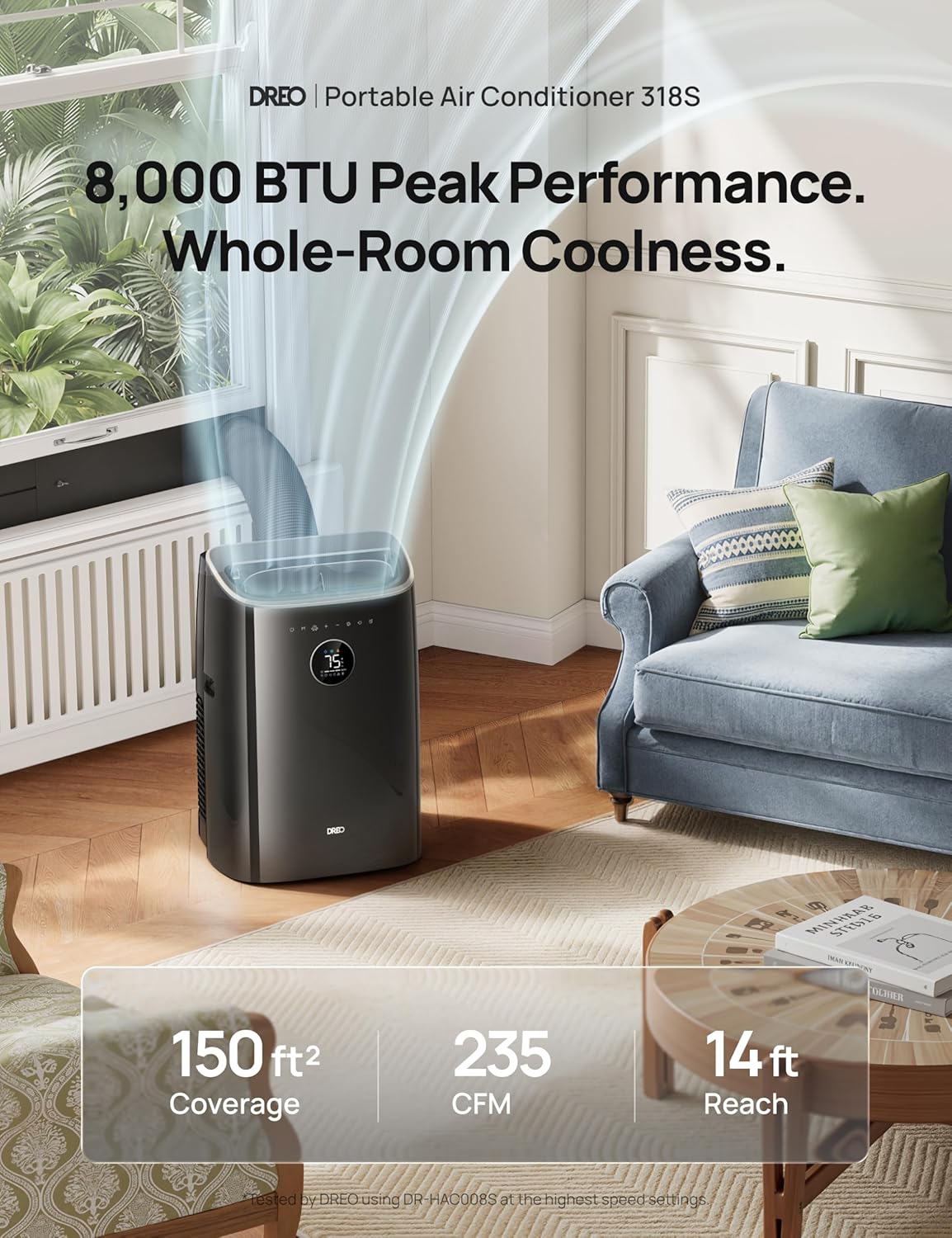 DREO climatiseur mobile 7500 BTU 3-en-1 refroidissement/ventilation/déshumidification, silencieux pour chambre ou bureau, contrôle par app et voix, sans drainage, kit fenêtre, 2,5 L/h, AC318S