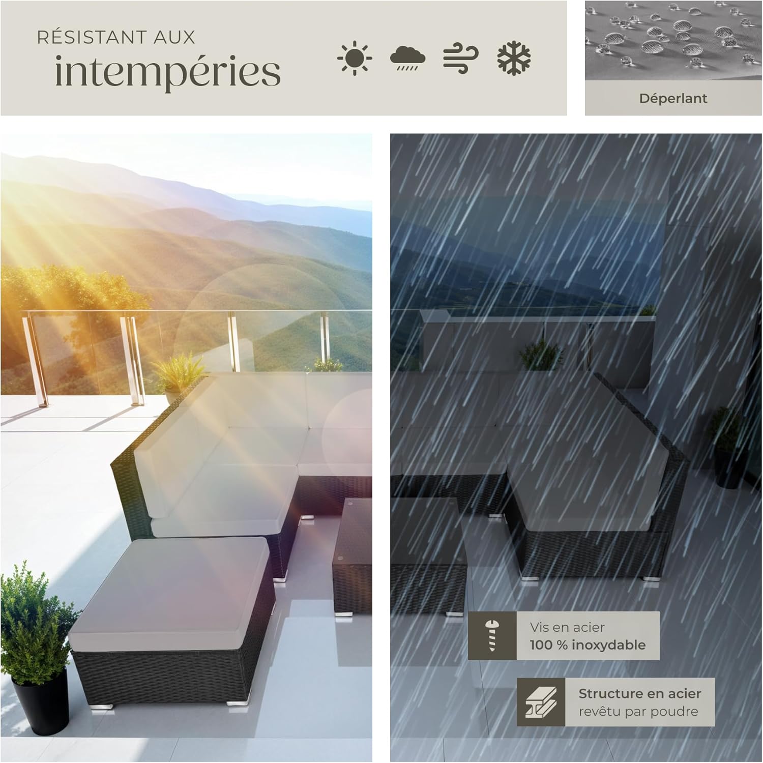 tectake - Salon de Jardin modulable 6 places, confort rotin, table + pouf, noir/gris