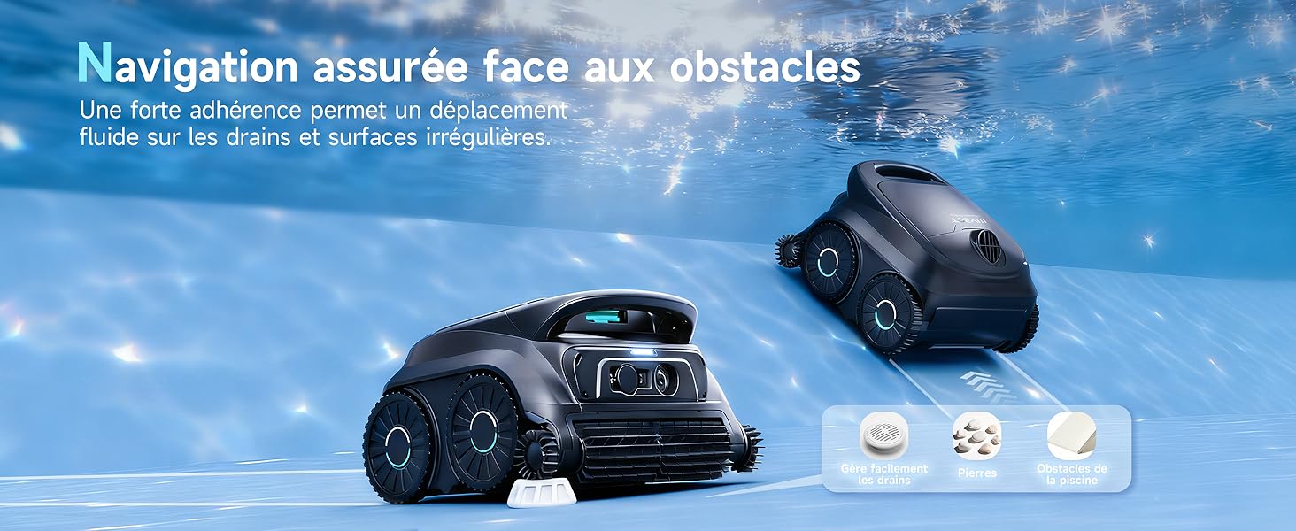 Le texte se lit comme suit : « Navigation assurée face aux obstacles ». Petite voiture télécommandée noire affichée sur fond bleu avec des icônes de navigation affichées sous le véhicule.