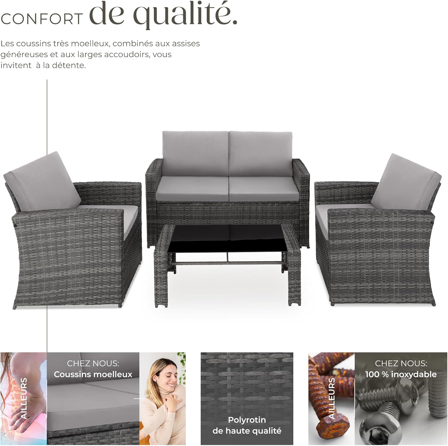 tectake - Salon de jardin 4 places, résine tressée, canapé, 2 fauteuils, table verre, coussins inclus, Gris/Gris Clair