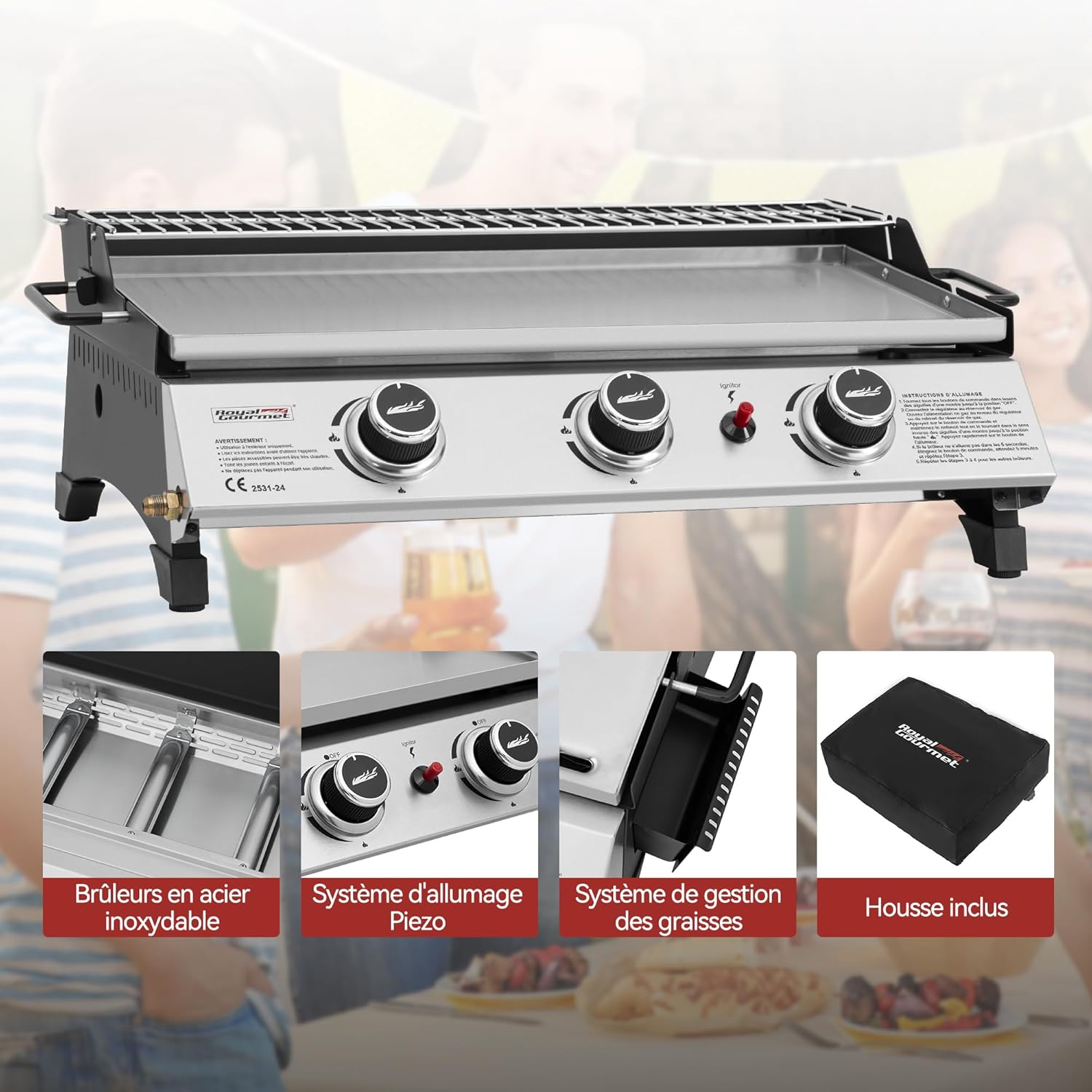 Royal Gourmet - Plancha gaz inox 3 brûleurs 61,5x32cm, 7,5kW, usage extérieur
