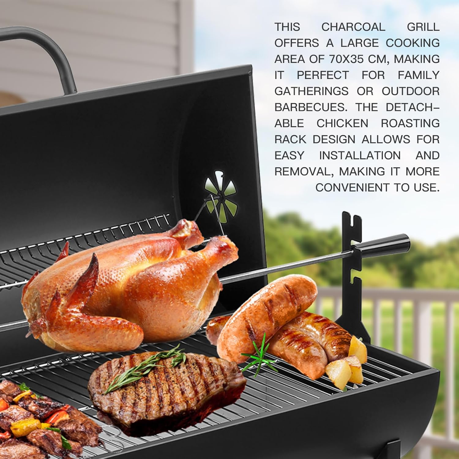 TEENO - Barbecue charbon de bois XL, tiroir cendres, thermomètre, grill poulet