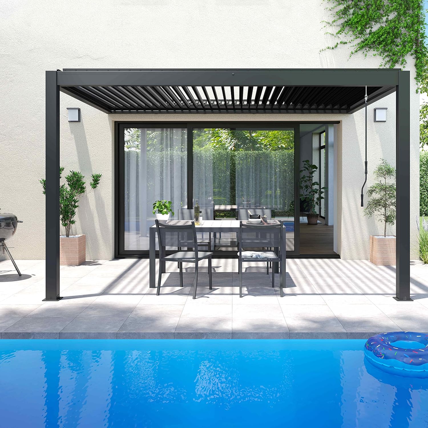 Oviala - Pergola bioclimatique adossée - 3x4m - 3 stores gris