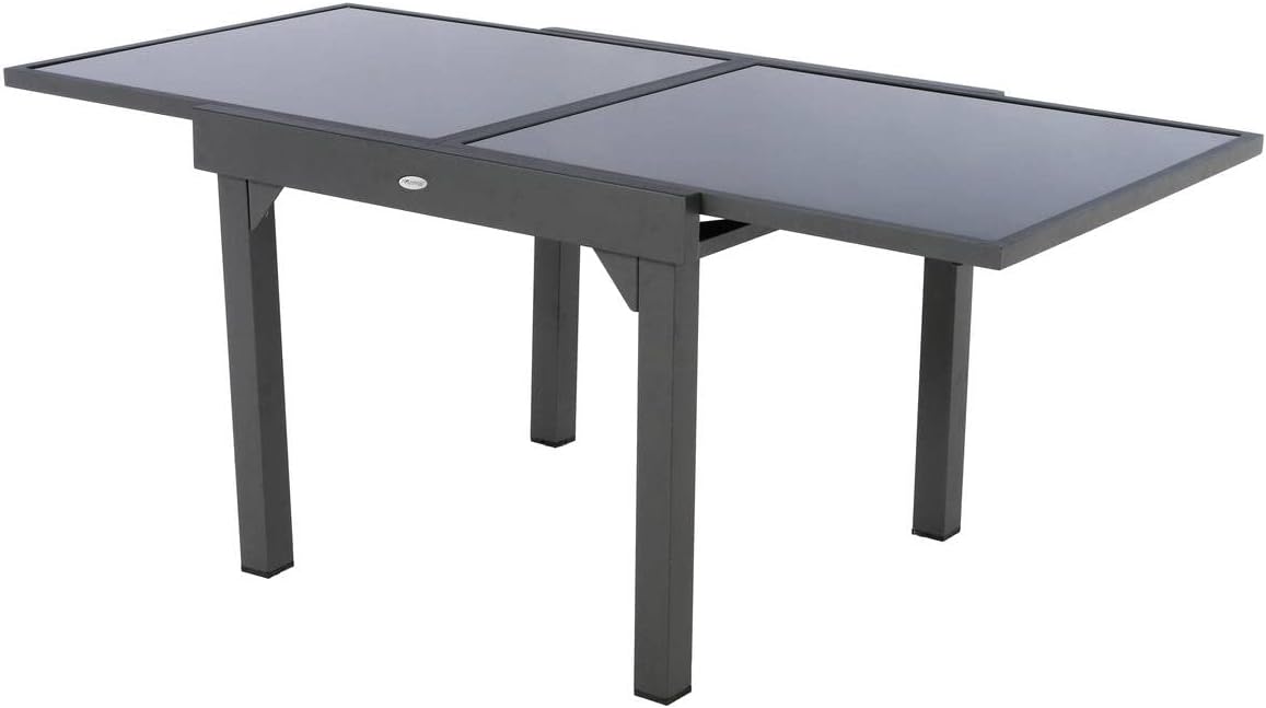 Hespéride - Table Piazza Gris Graphite extensible 8 places - Aluminium anti-rouille, verre trempé, rallonge coulissante.
