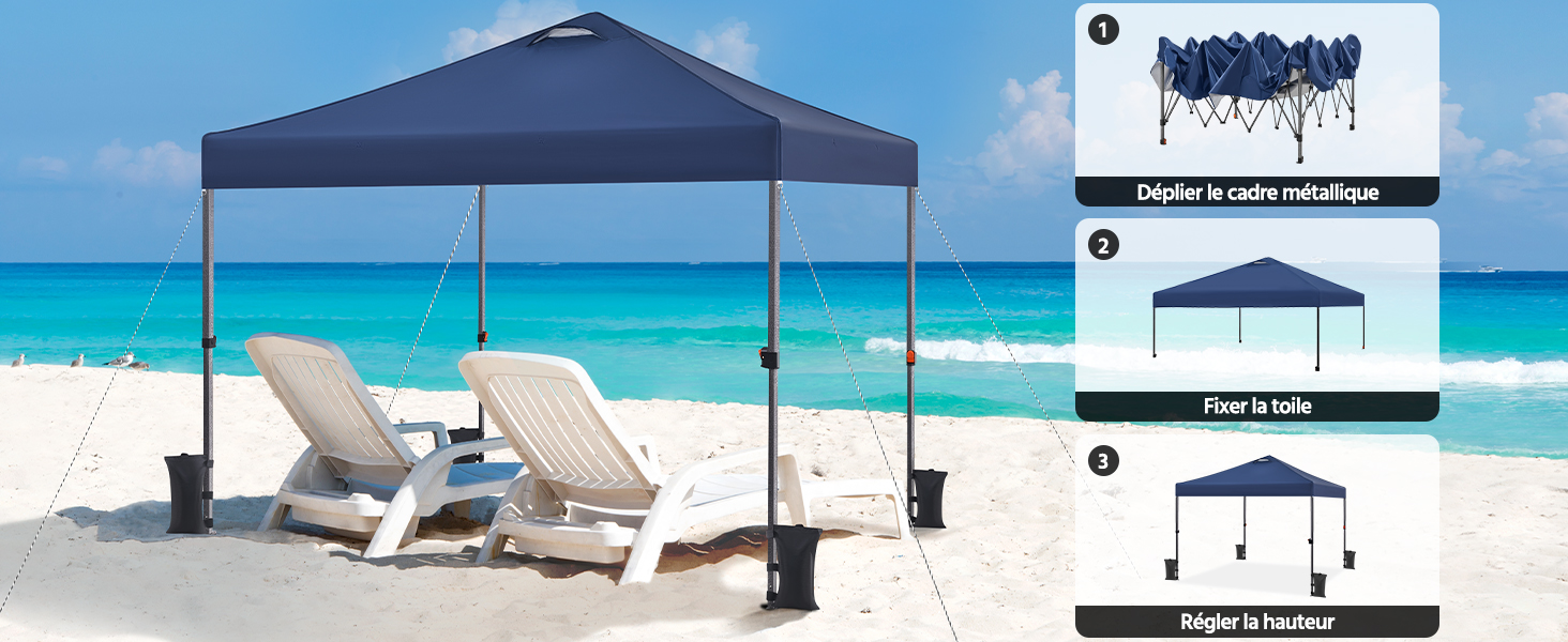sur la plage avec deux chaises longues blanches. Les images en encart montrent un cadre de canopée plié, un cadre partiellement étendu et un auvent entièrement installé
