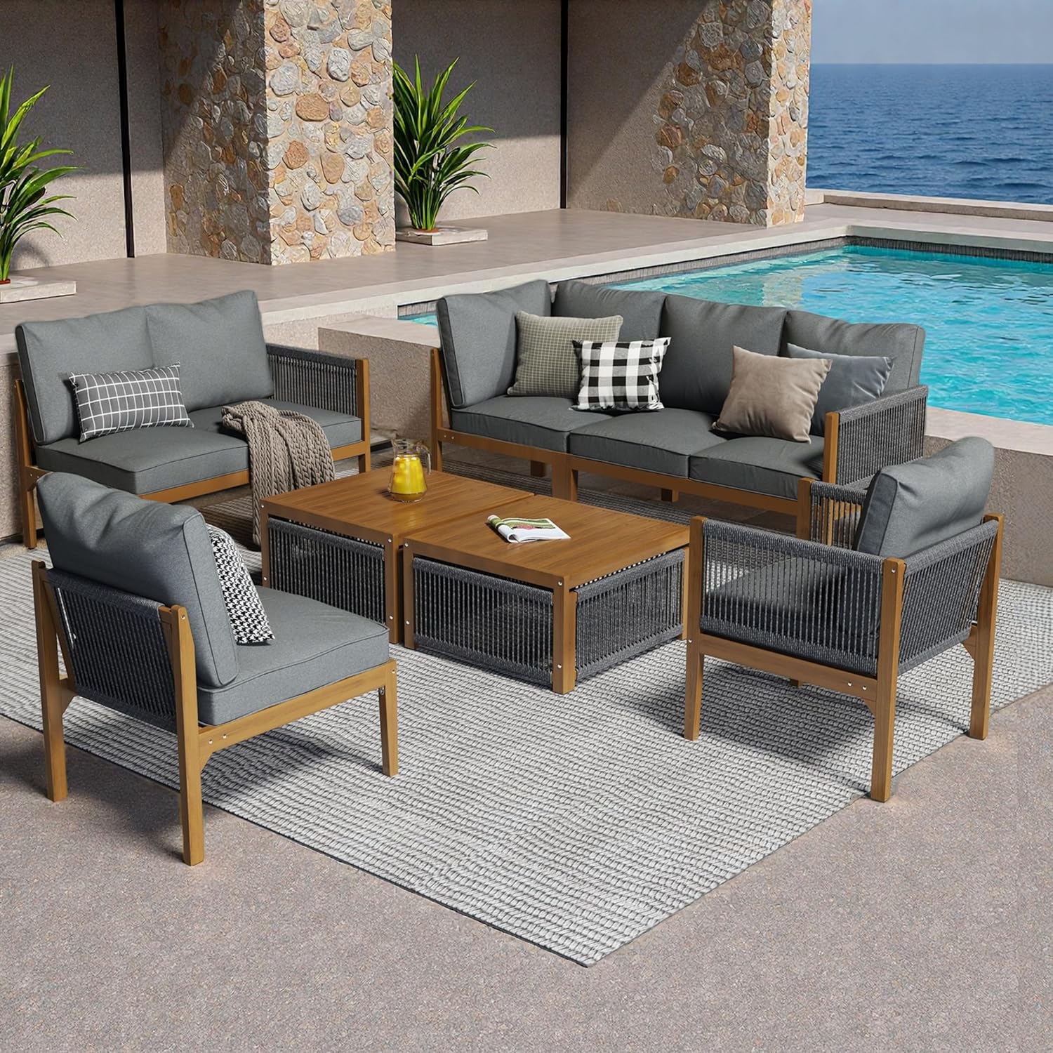 Sapgaks - salon de jardin C-Gris+Naturel - 7/8 personnes - angle, coussins lavables