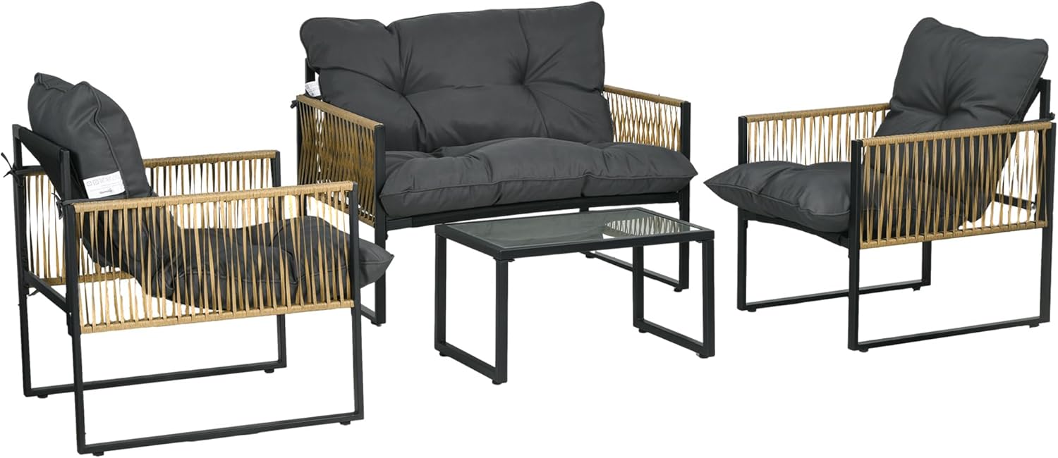 Outsunny - Salon extérieur 4 pièces, canapé 2 places, coussins gris, acier/résine, plateau en verre