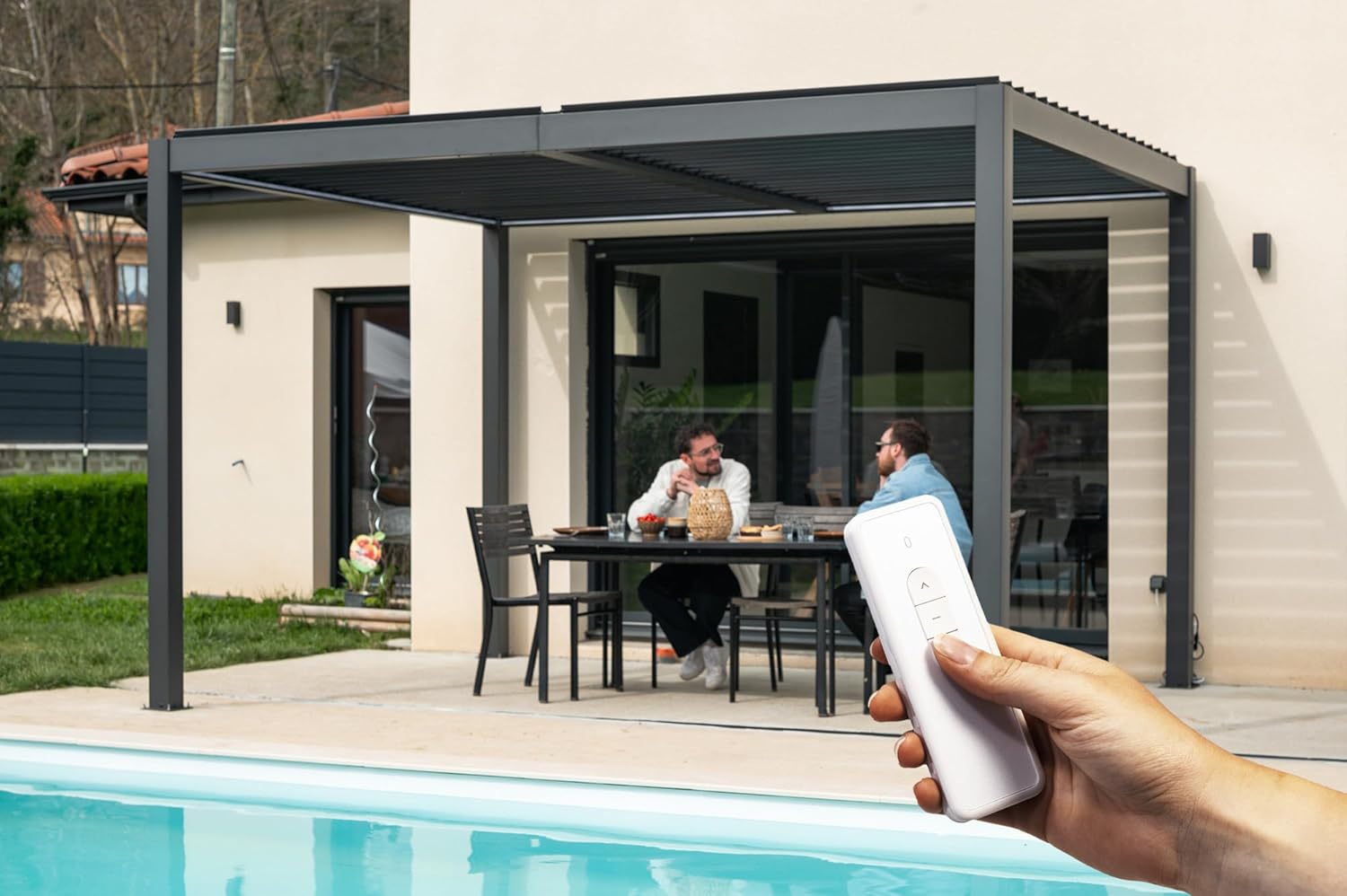 Cazeboo - Pergola bioclimatique motorisée série Agosta - 4x3m - LED, aluminium gris, H 250cm