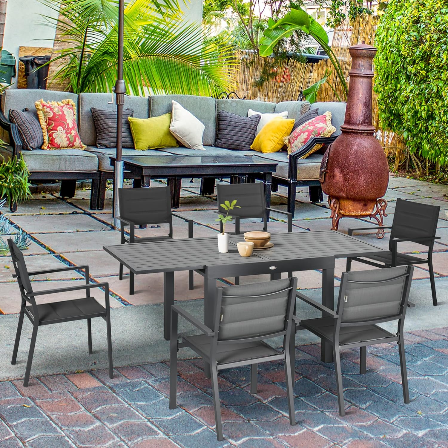 Outsunny - Salon de jardin aluminium extensible 90-180cm, 6 chaises empilables