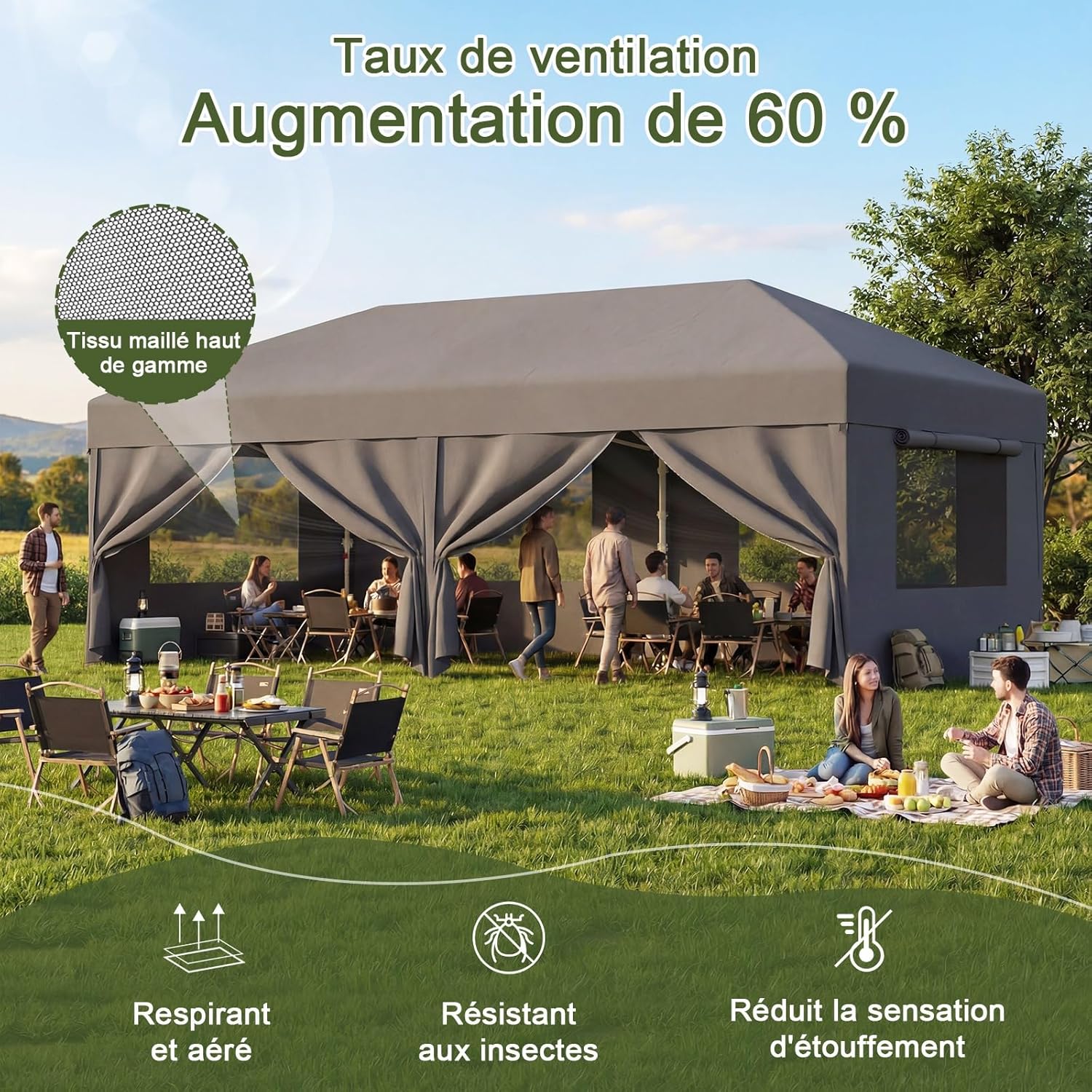 Devoko - tonnelle pliante série gris - 3x6m - imperméable, protection UV 50+, fenêtres moustiquaires