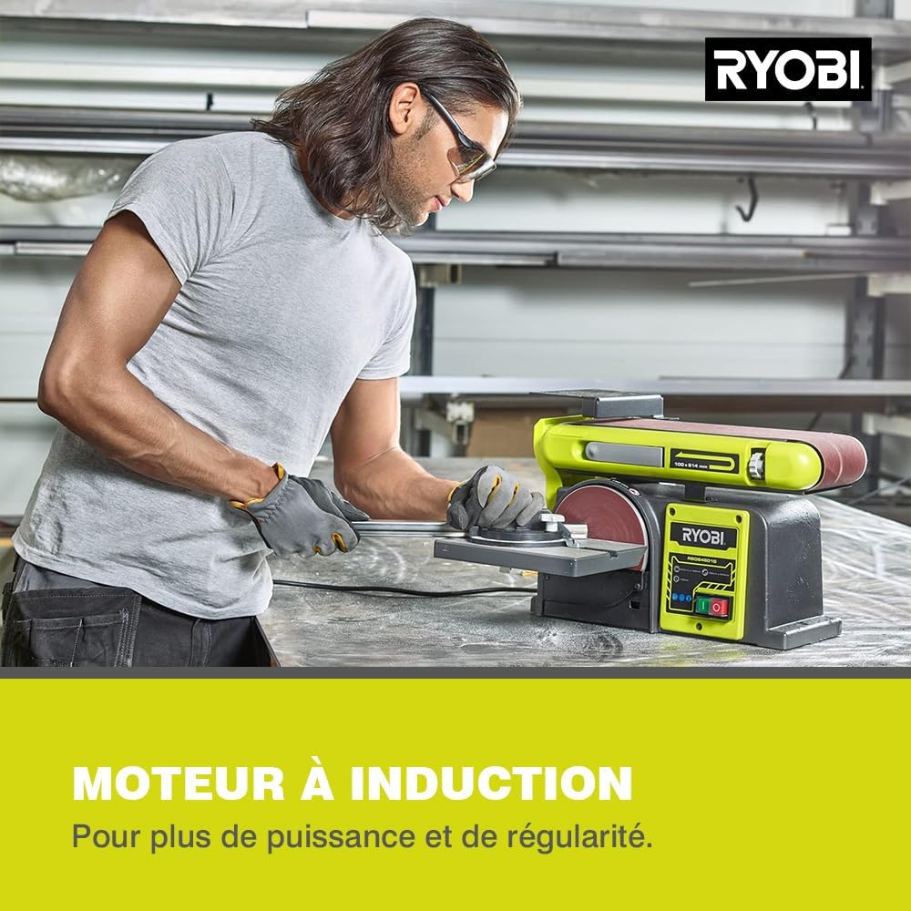 RYOBI - Ponceuse à Bande et a disque RBDS4601G – Moteur 370W, Bande 100x914 mm, Disque Ø150mm, Buse d’aspiration, Butée, Idéale Bois et Métaux – Outil Stationnaire pour Atelier