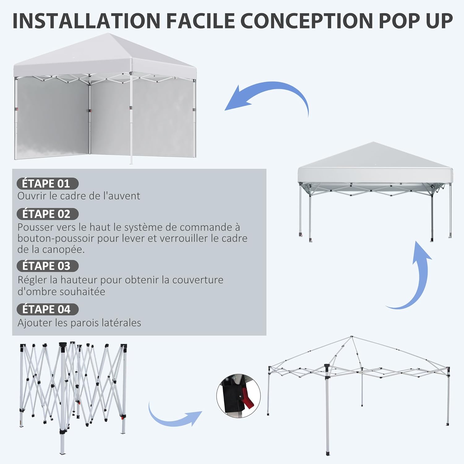 Outsunny - Tonnelle pop-up ajustable - 297x297x288cm - UV 30+ 2 parois, sac transport