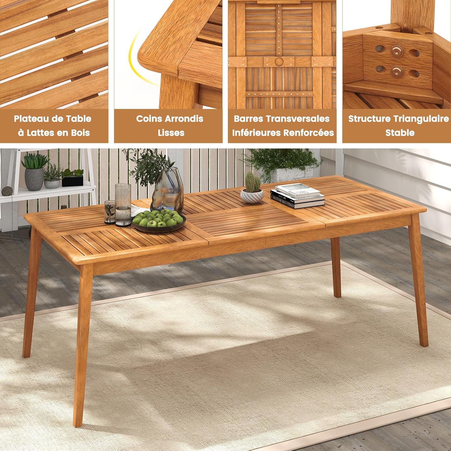 GOPLUS - table repas extérieur Acacia FSC 90x200cm, 8 places, trou parasol, charge 160kg
