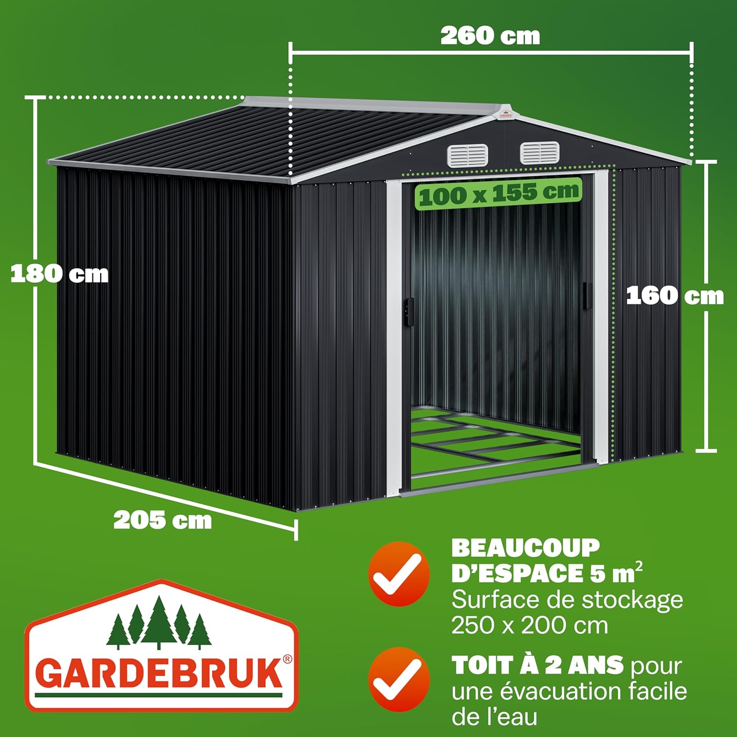 GARDEBRUK - Abri jardin métal XXL - 260x205x180cm - Porte coulissante, fondation, rangement outils -  GARDEBRUK