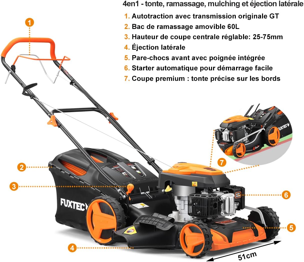 FUXTEC - tondeuse thermique autopropulsée 51cm, 196cm3, mulching, 60L, FX-RM5196