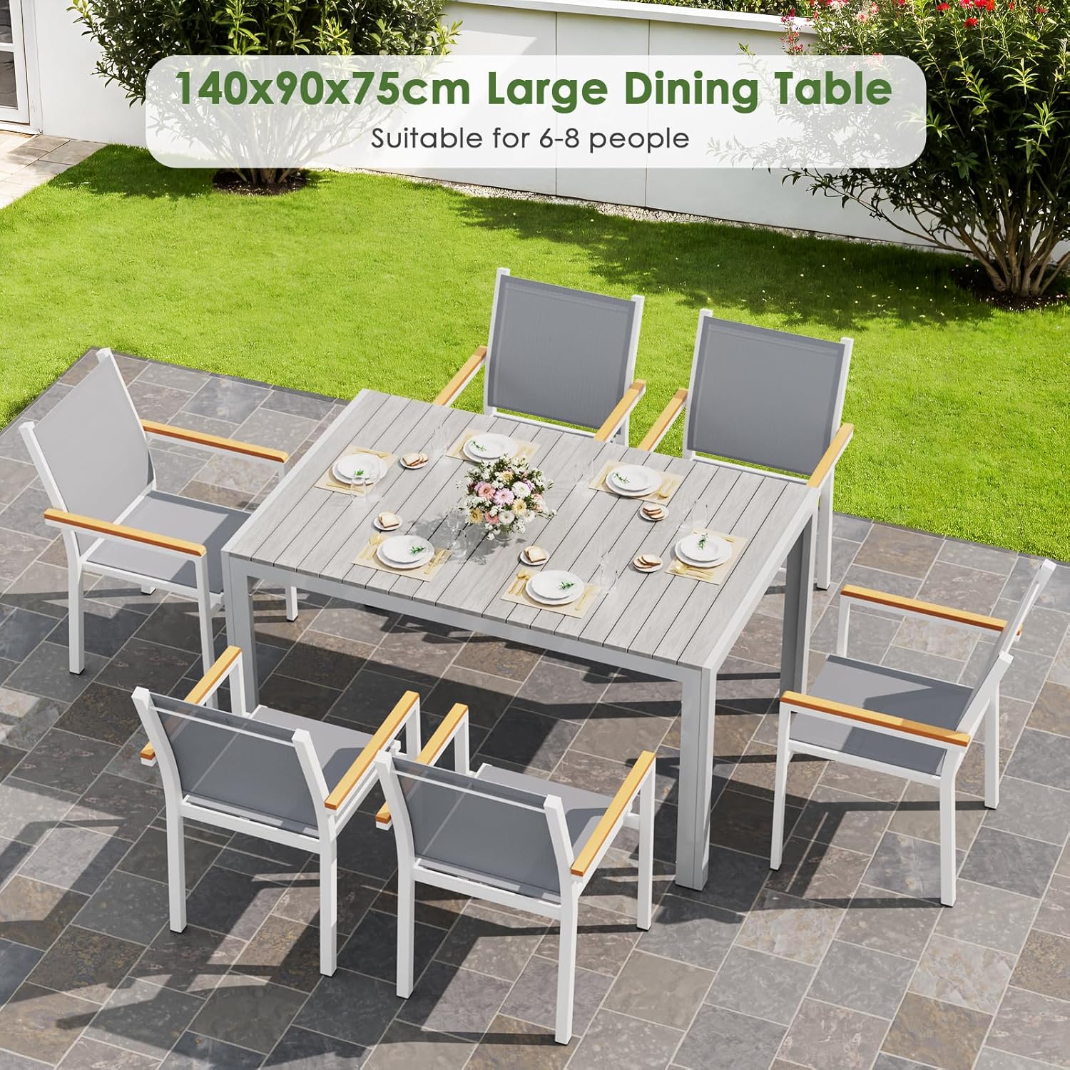 LIFERUN - table rectangulaire aluminium 140x90x75cm 6 pers gris