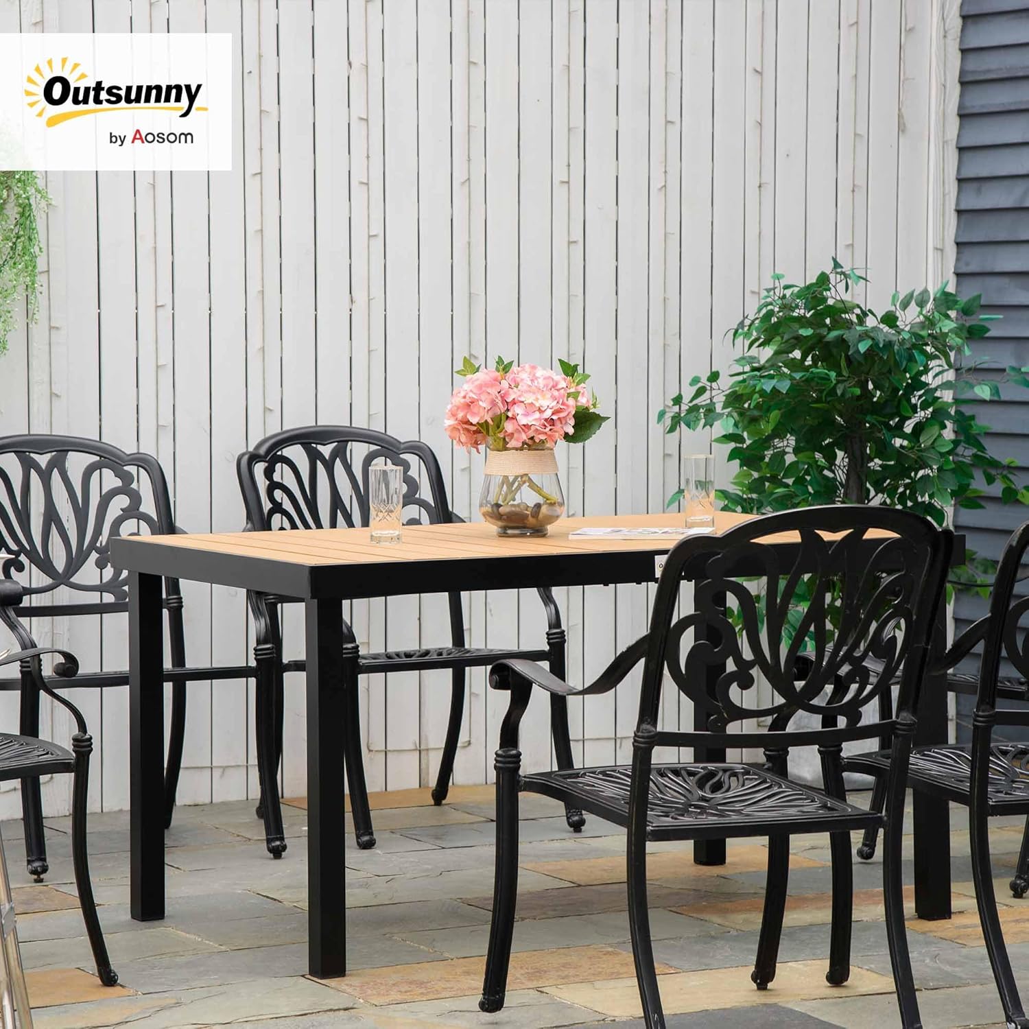 Outsunny - Table à manger jardin, 140x90x74 cm, aluminium bois naturel