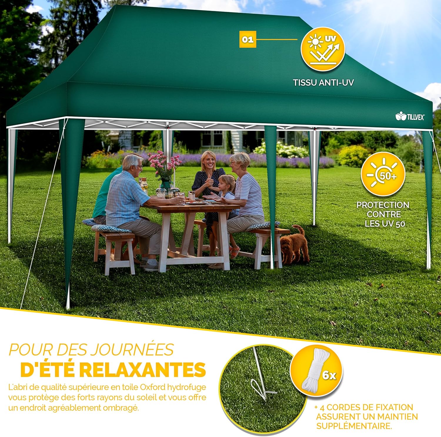 Tillvex - Tonnelle réglable 3x6m, étanche, UV50+, sac de transport