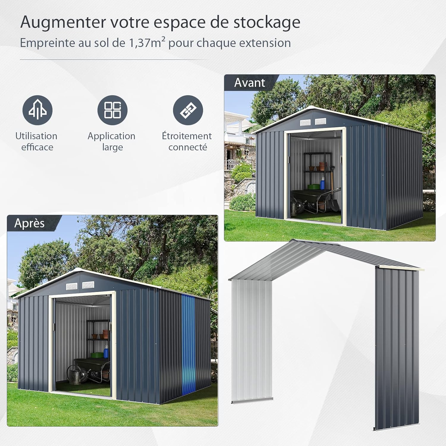 COSTWAY Abri de Jardin en Métal + 1 Kit d'Extension, avec 2 Portes Coulissantes Verrouillables, 4 Trous d’Aération, Toit Penché, Gris pour Vélo, Poubelle (277,5 x 255 x 202,5cm)
