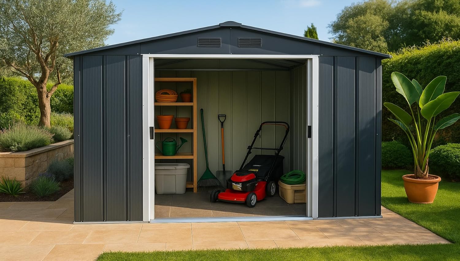 Duramax - ECO série - 10x10 pieds - abri jardin métal galvanisé, toit renforcé, anthracite, sans entretien - ECO10X10