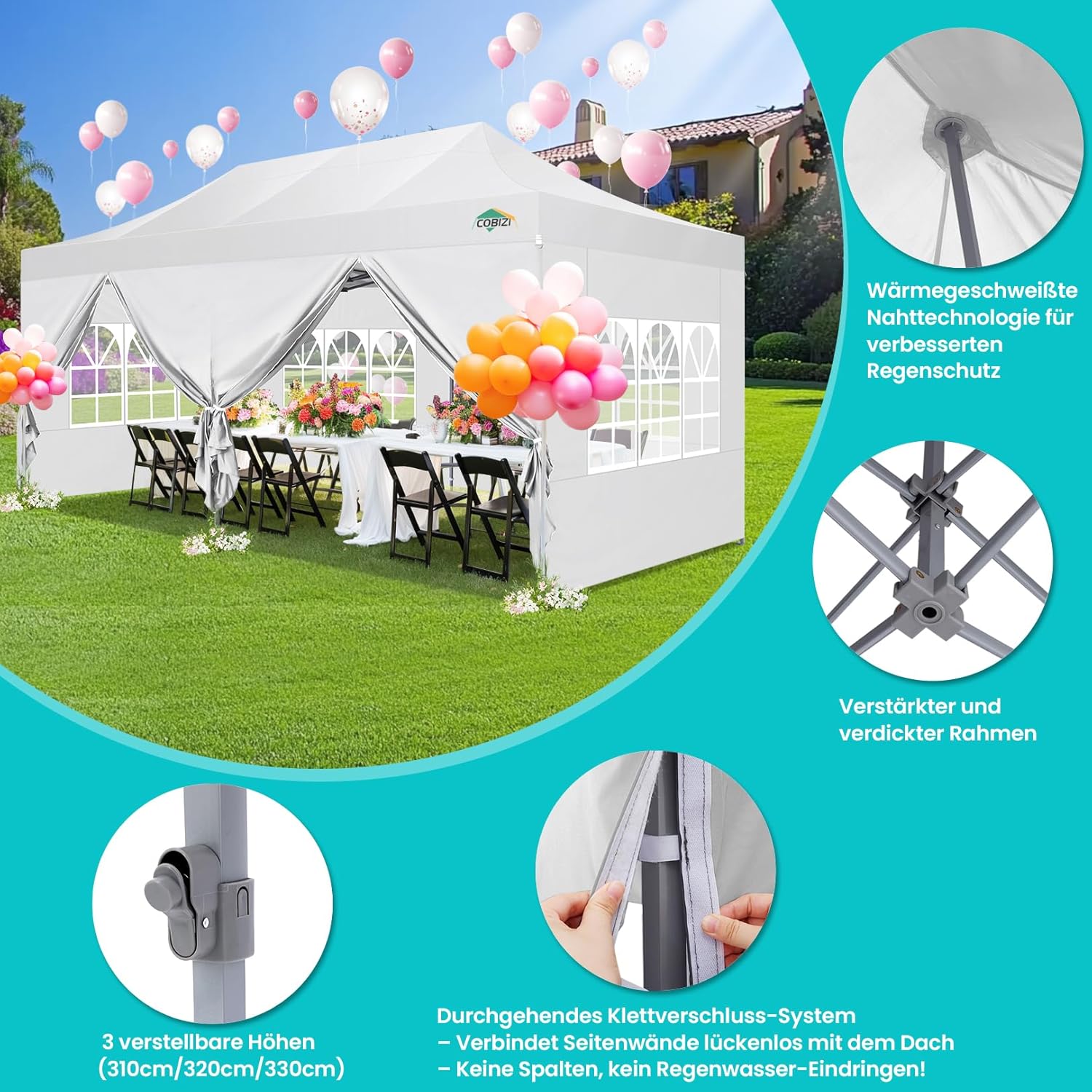 COBIZI - Barnum pliant 3x6m, 6 parois, imperméable, 3 hauteurs