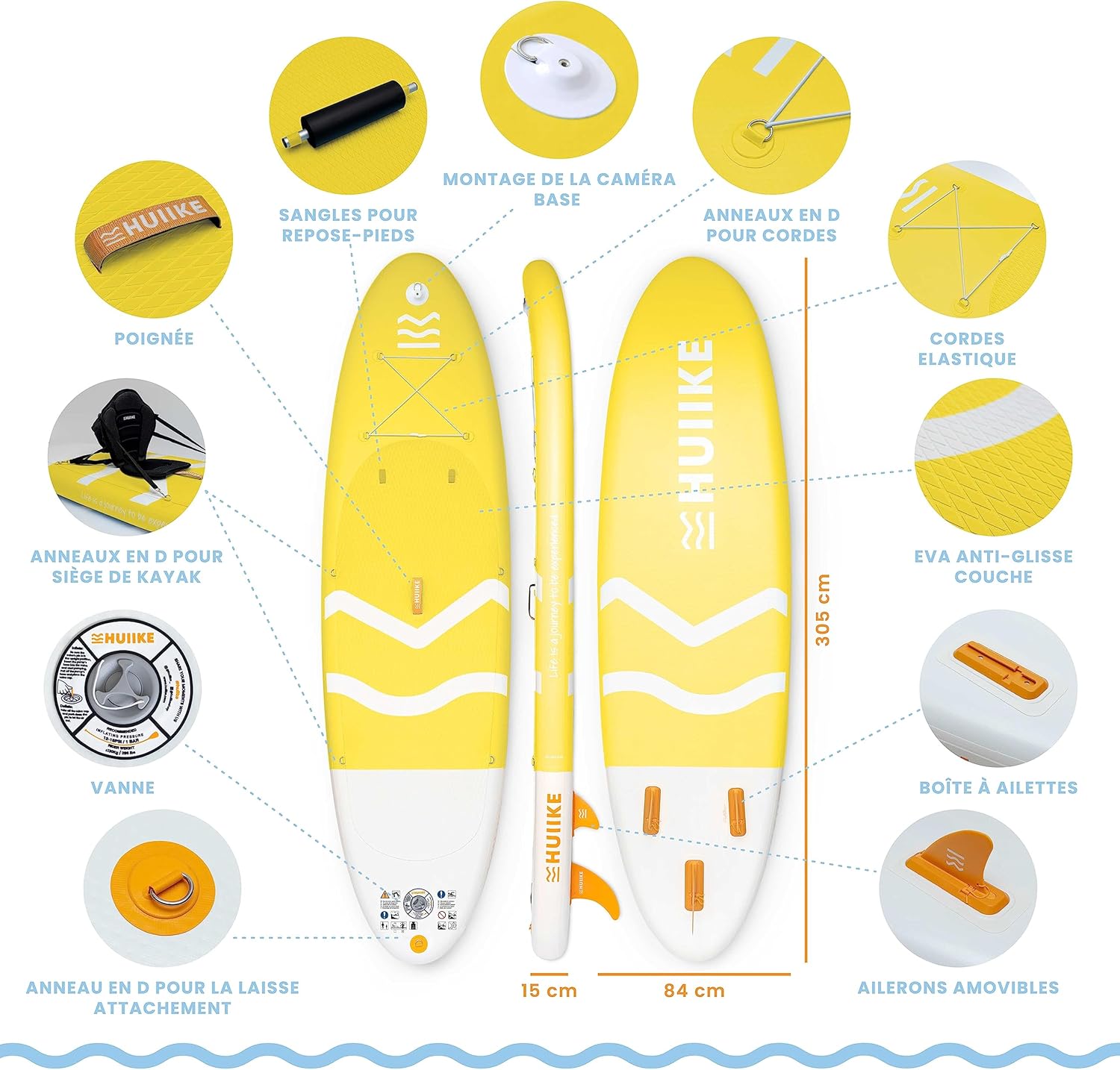 HUIIKE Paddle Gonflable Adulte avec Accessoires Inclus, Pagaie, Ailerons, Pompe. Planche de Stand Up Paddle Grande Stabilité et Résistance. 305 x 84 x 15 cm, Jusqu'à 130 kg