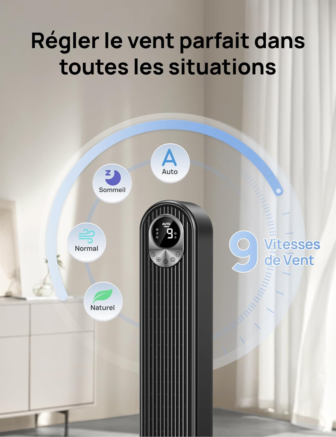 Dreo - Ventilateur colonne Alexa série - 106 cm - 9 vitesses, 4 modes, oscillation 90°, minuterie 12h