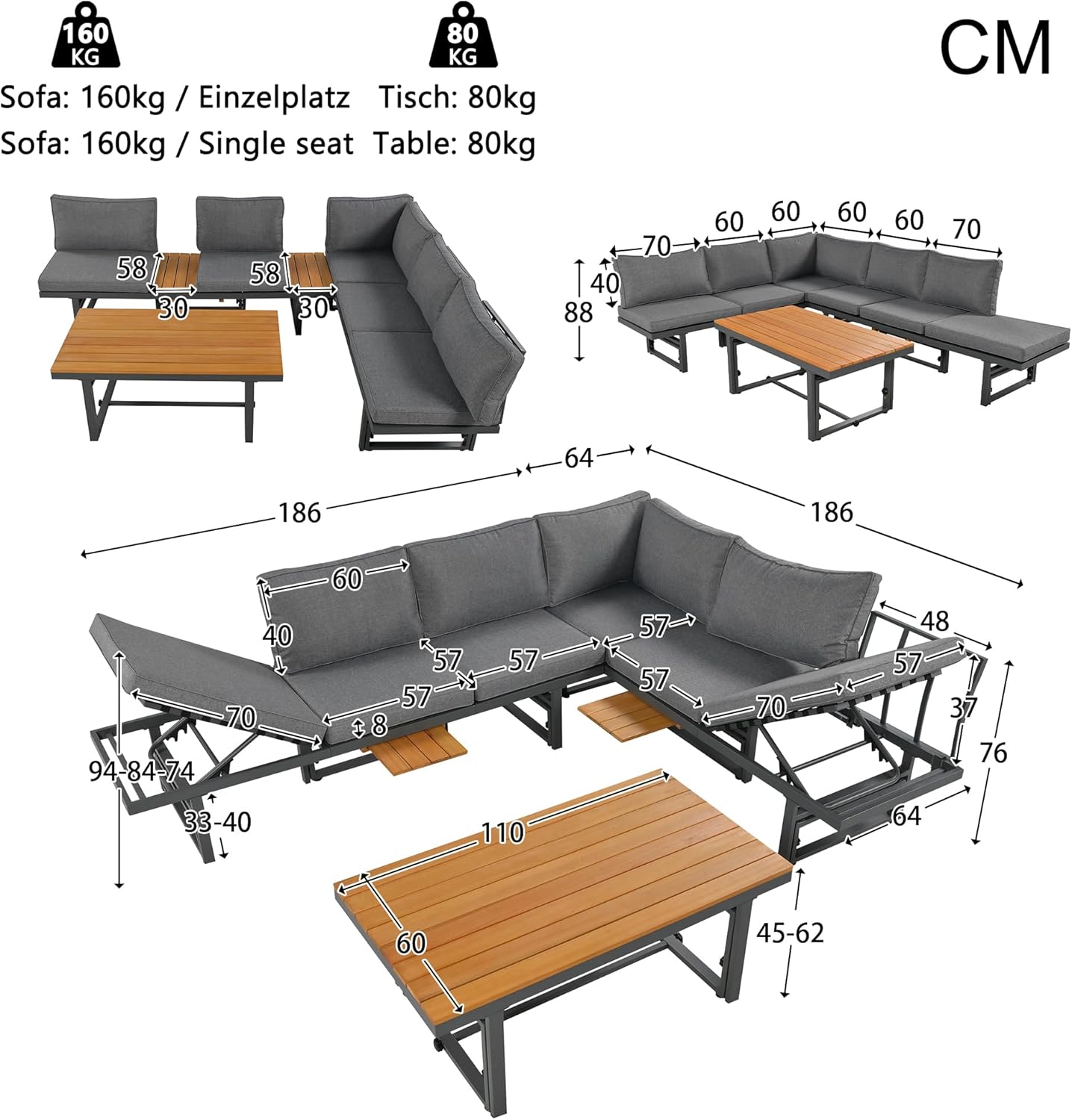 Sapgaks - Ensemble de jardin 6 places, fer, acacia, dossier réglable, table modulable, gris